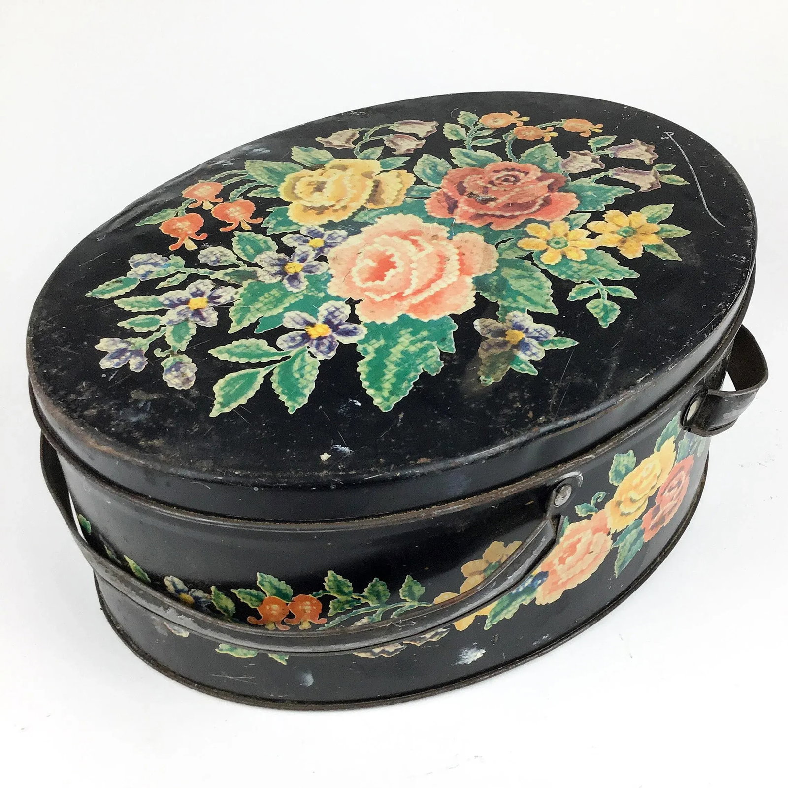 Antique Toile Transfer-Ware Covered Tin Basket - 2