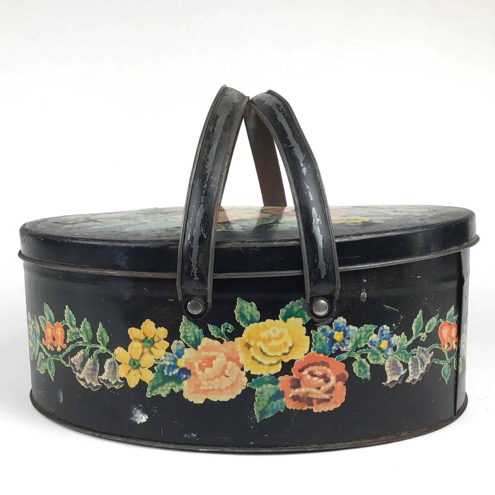 Antique Toile Transfer-Ware Covered Tin Basket - 3