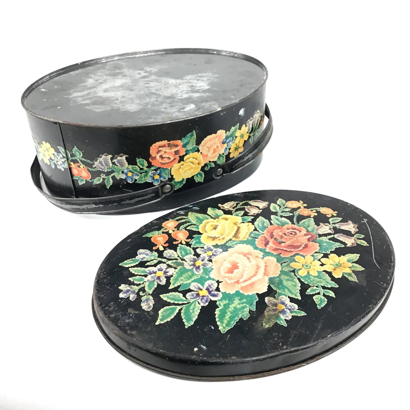Antique Toile Transfer-Ware Covered Tin Basket - 4