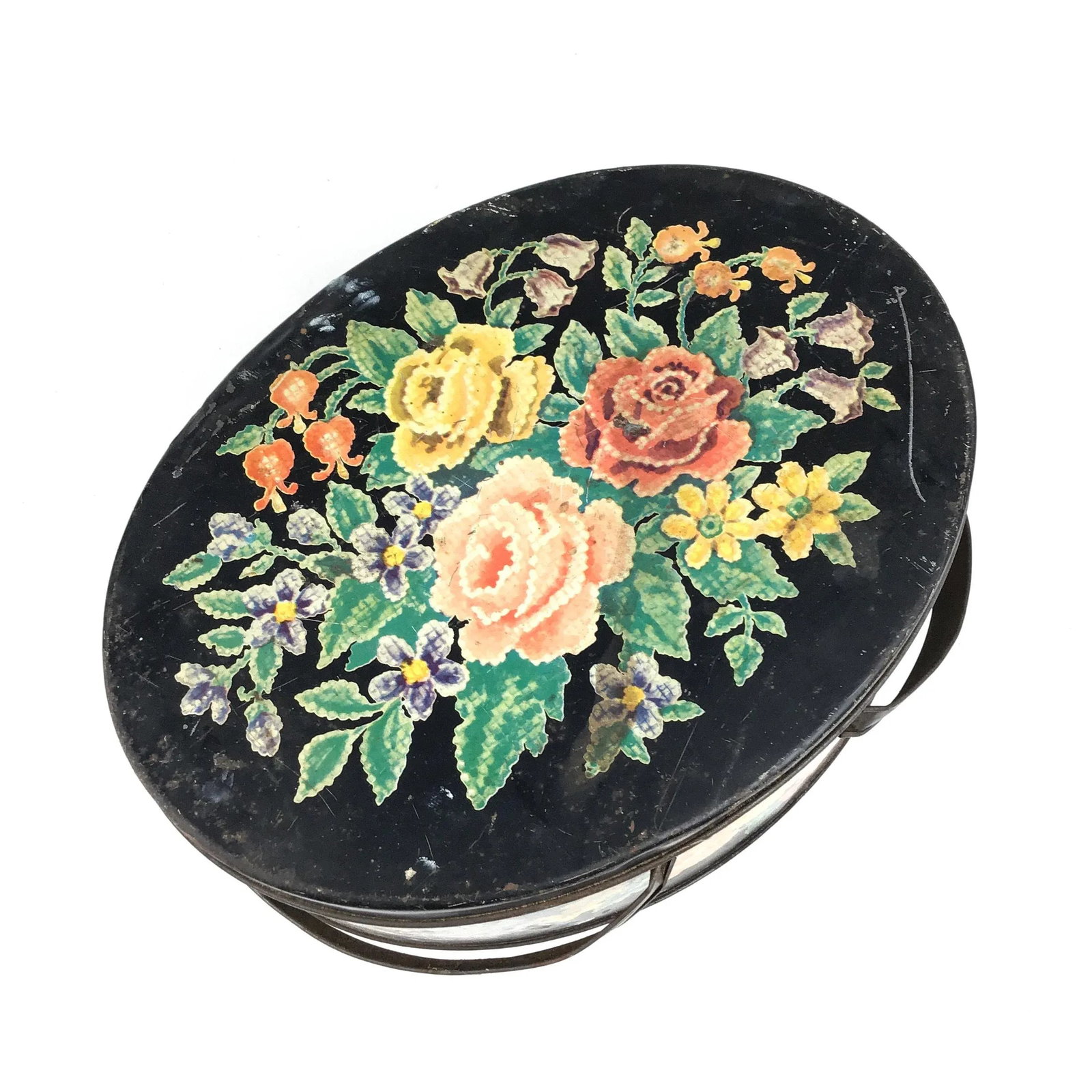 Antique Toile Transfer-Ware Covered Tin Basket - 5
