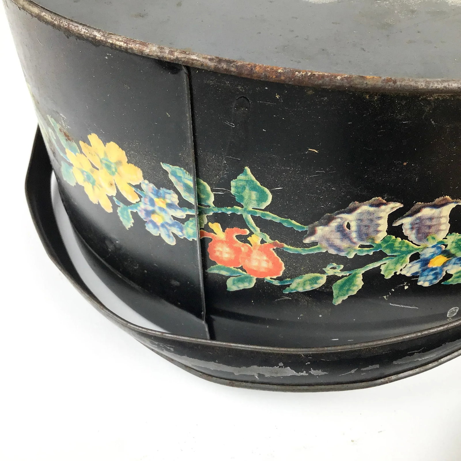 Antique Toile Transfer-Ware Covered Tin Basket - 8