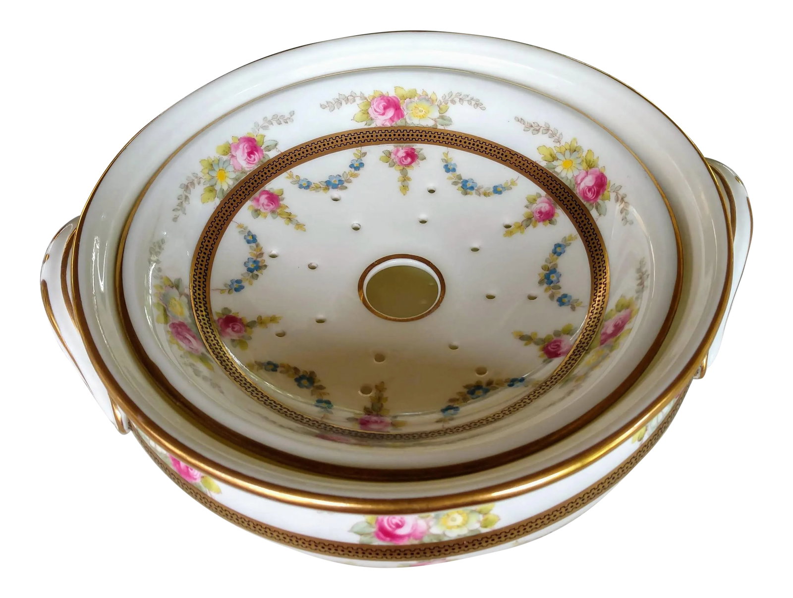 Vintage Mid 20th Century English Cauldon Porcelain Flower Frog: Gold rimmed English porcelain flower bowl/frog with delicate garlands of pink and blue flowers. Condition: Alterations: Original Condition Unaltered Imperfections: Some Imperfections Condition Notes: