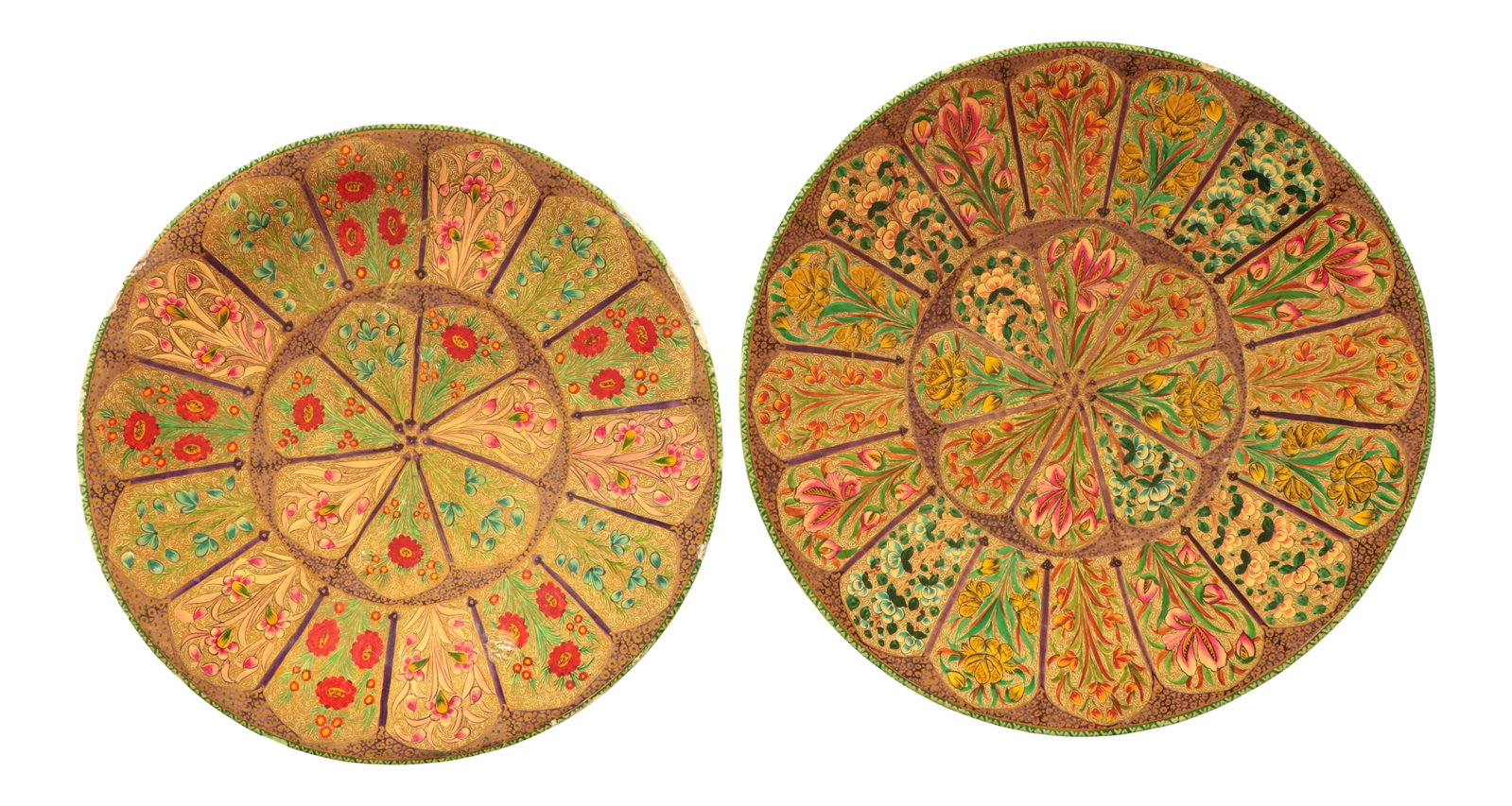 Kashmiri Papier Mache Hand-Painted Trays- a Pair: Beautiful example of Kashmir hand painted papier mache art. These two colorful floral trays coordinate beautifully and would look great on a table top or as wall art. The smaller tray measures 14 1/2"