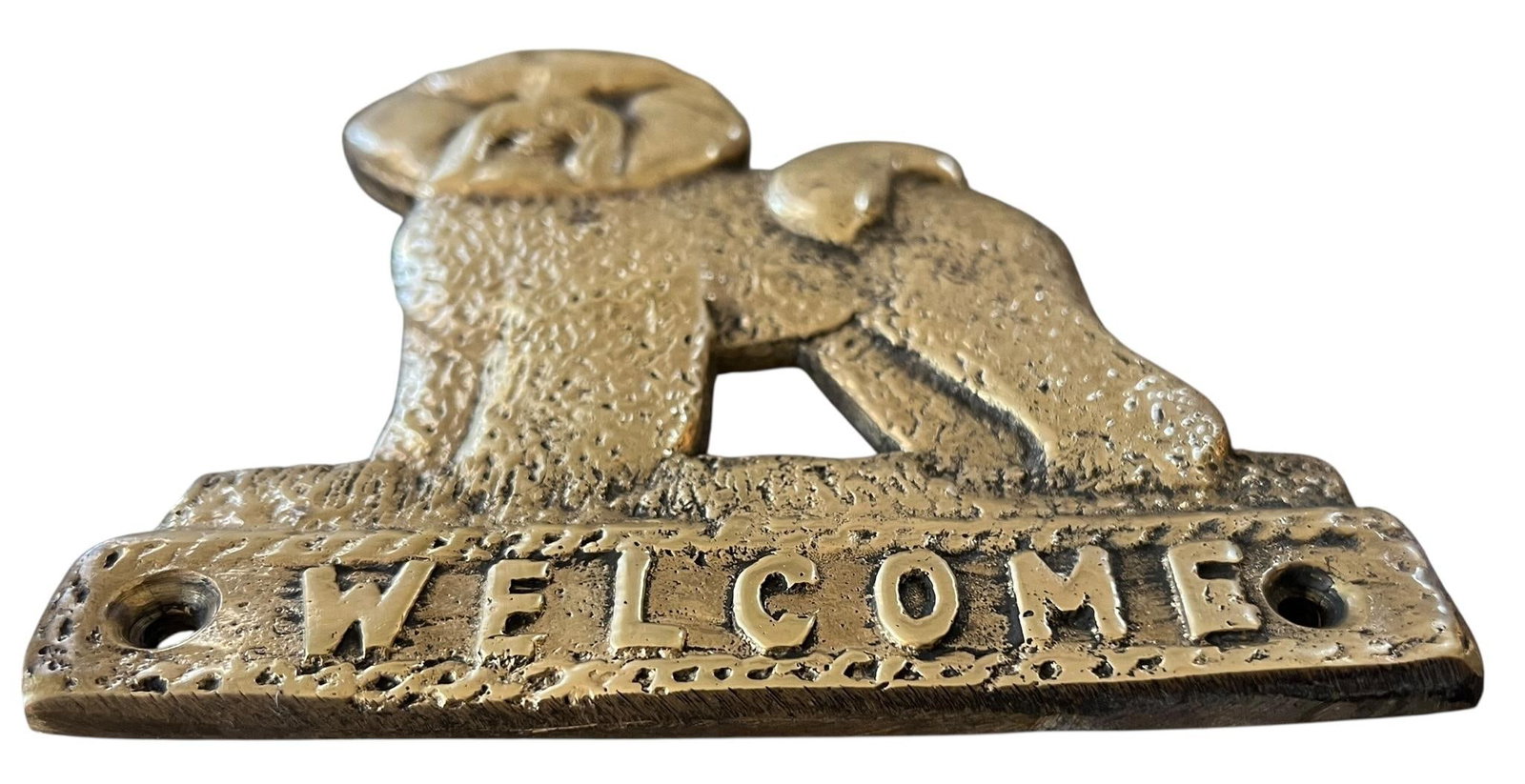Vintage Solid Brass "Welcome" Dog Door Plaque - Shih Tzu / Bichon Frise Style Small White Dog - 2