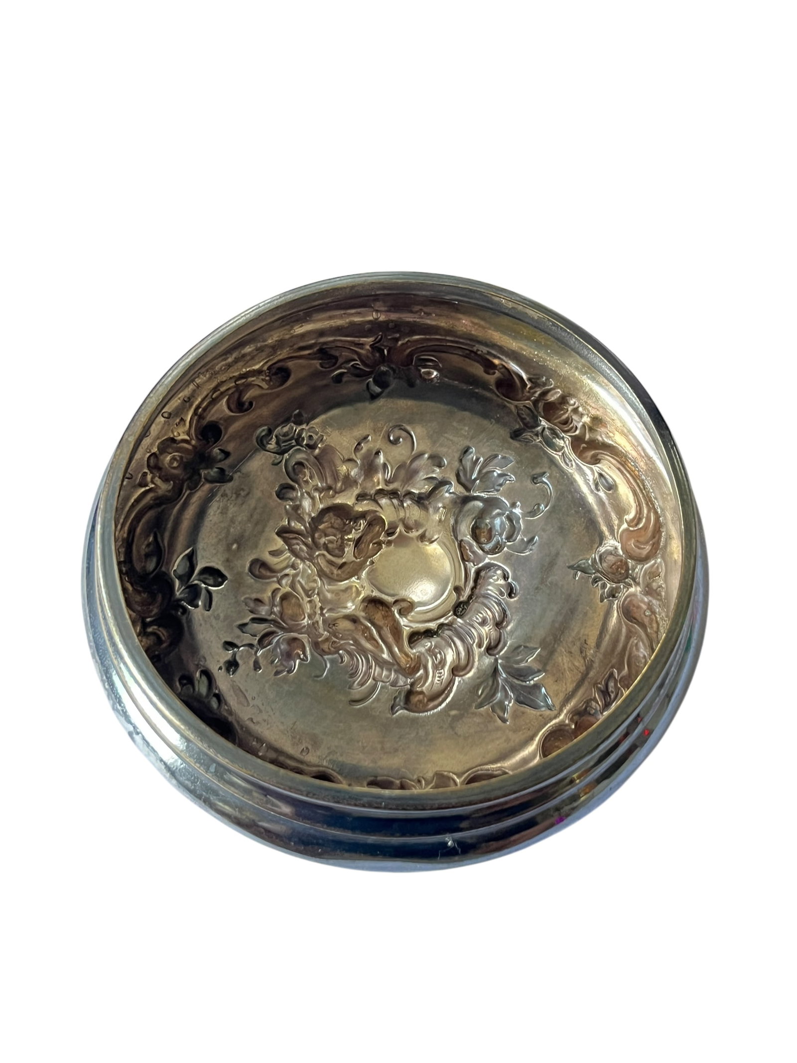 Vintage Glass Jar With Ornate Cherub Metal Lid - Vanity Barware Biscuit or Tobacco Jar - 11