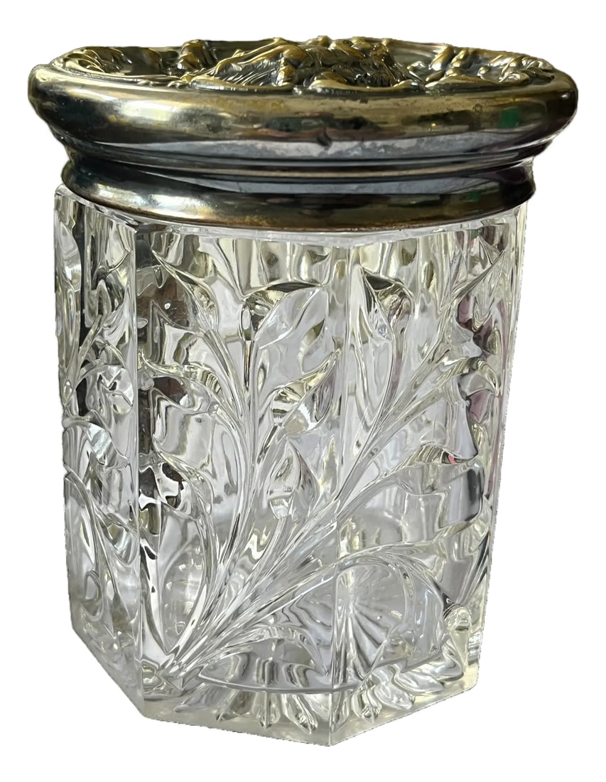 Vintage Glass Jar With Ornate Cherub Metal Lid - Vanity Barware Biscuit or Tobacco Jar (1 of 11)