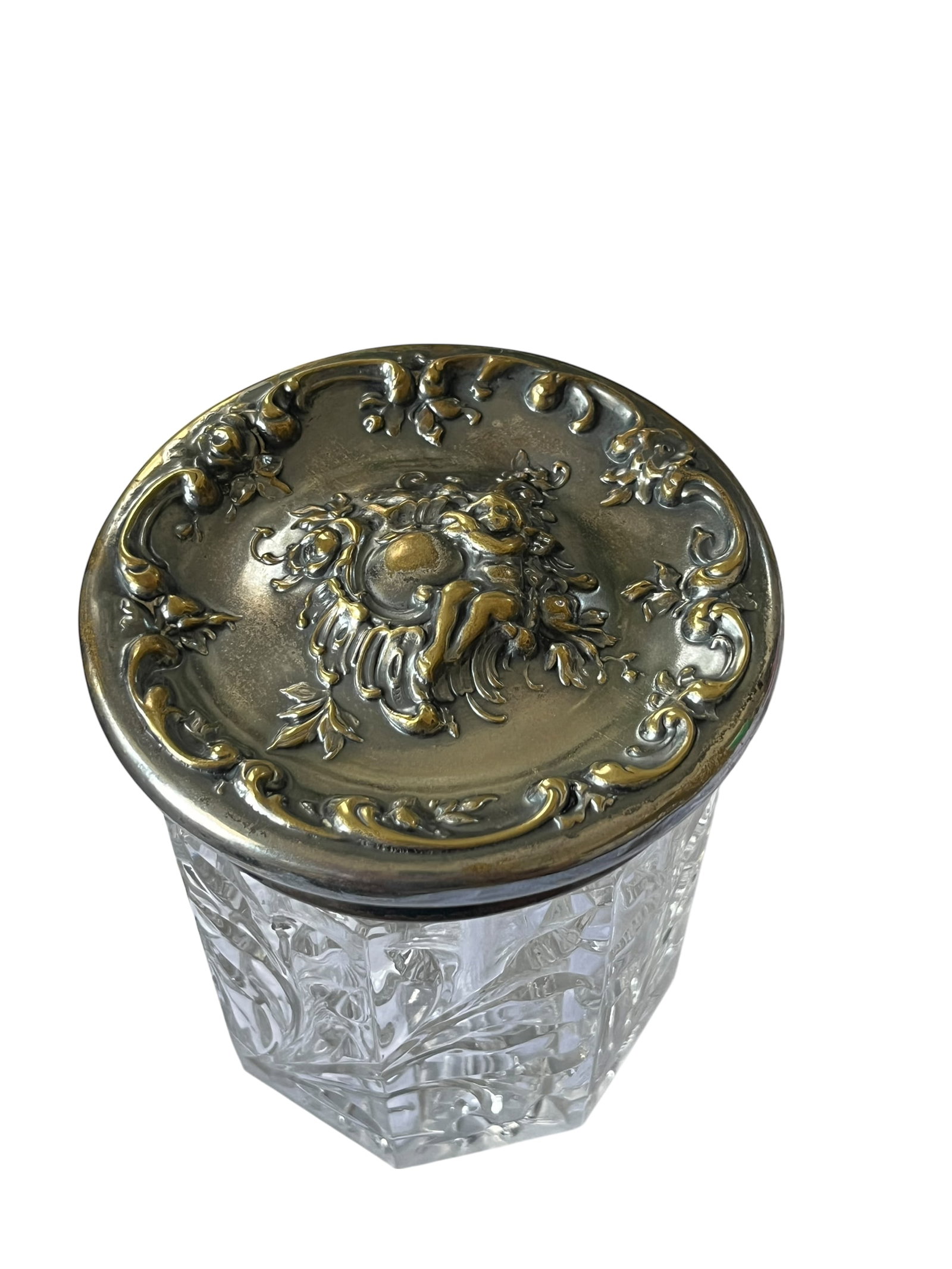 Vintage Glass Jar With Ornate Cherub Metal Lid - Vanity Barware Biscuit or Tobacco Jar - 2