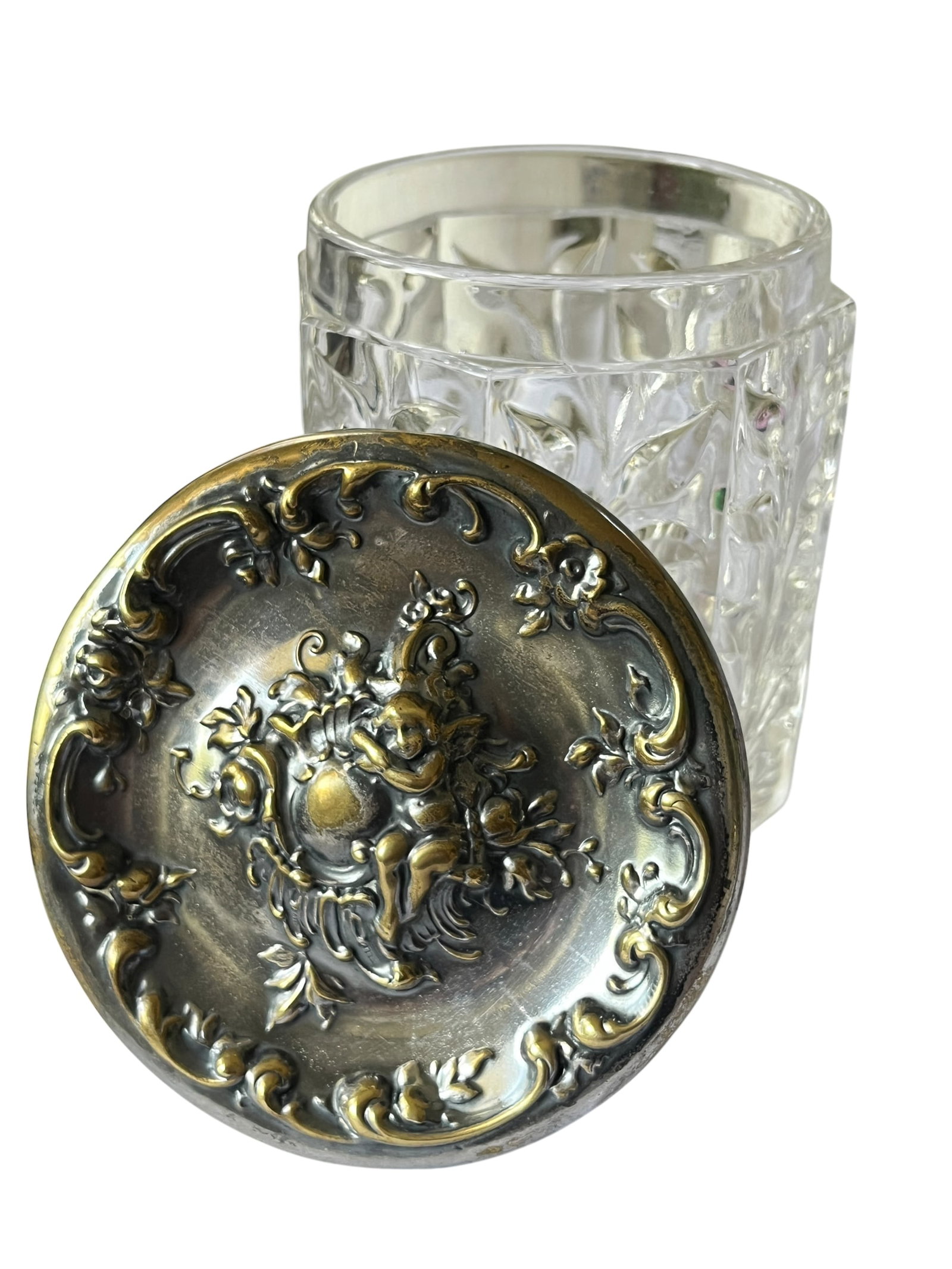 Vintage Glass Jar With Ornate Cherub Metal Lid - Vanity Barware Biscuit or Tobacco Jar - 5