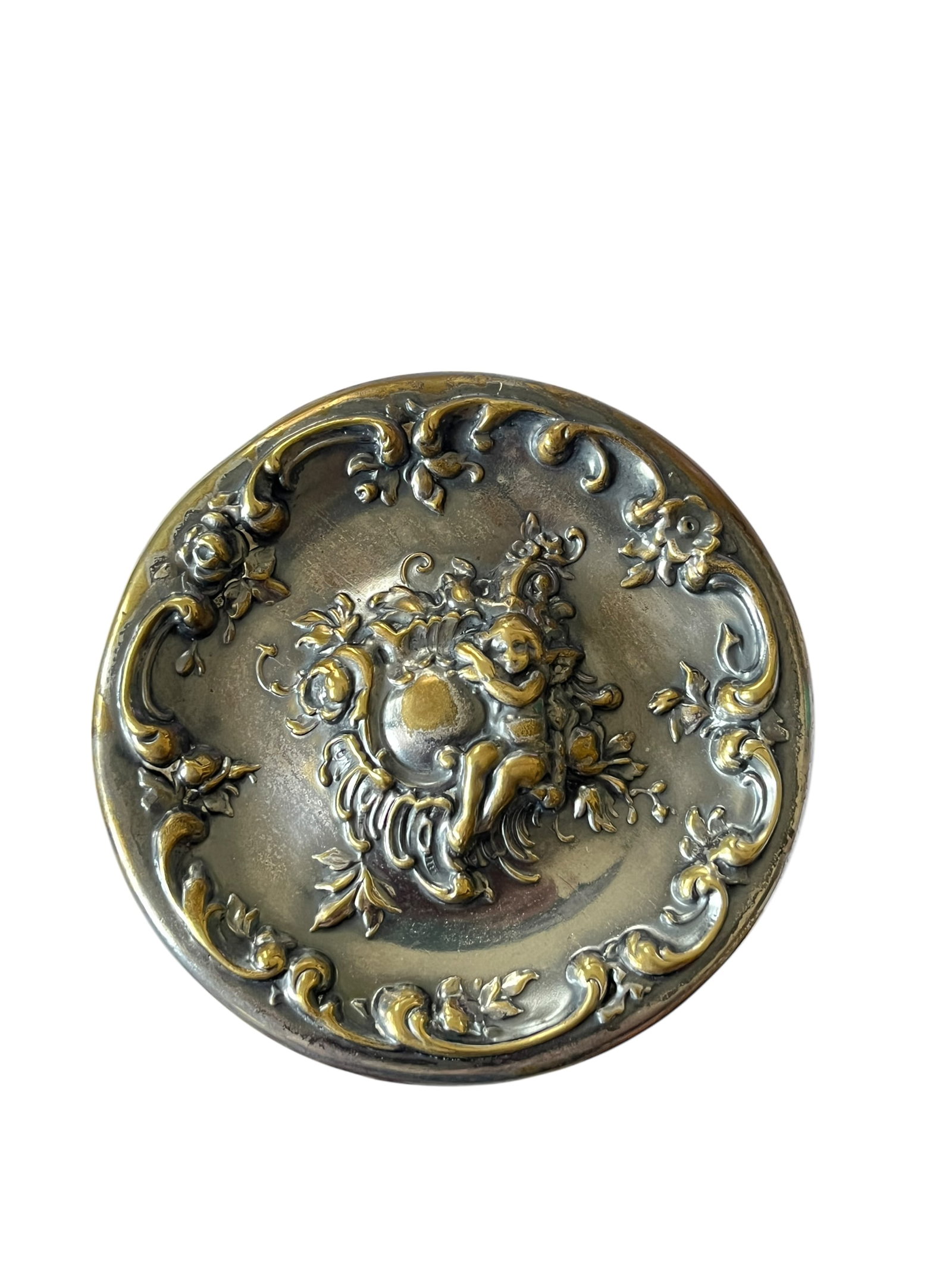 Vintage Glass Jar With Ornate Cherub Metal Lid - Vanity Barware Biscuit or Tobacco Jar - 8