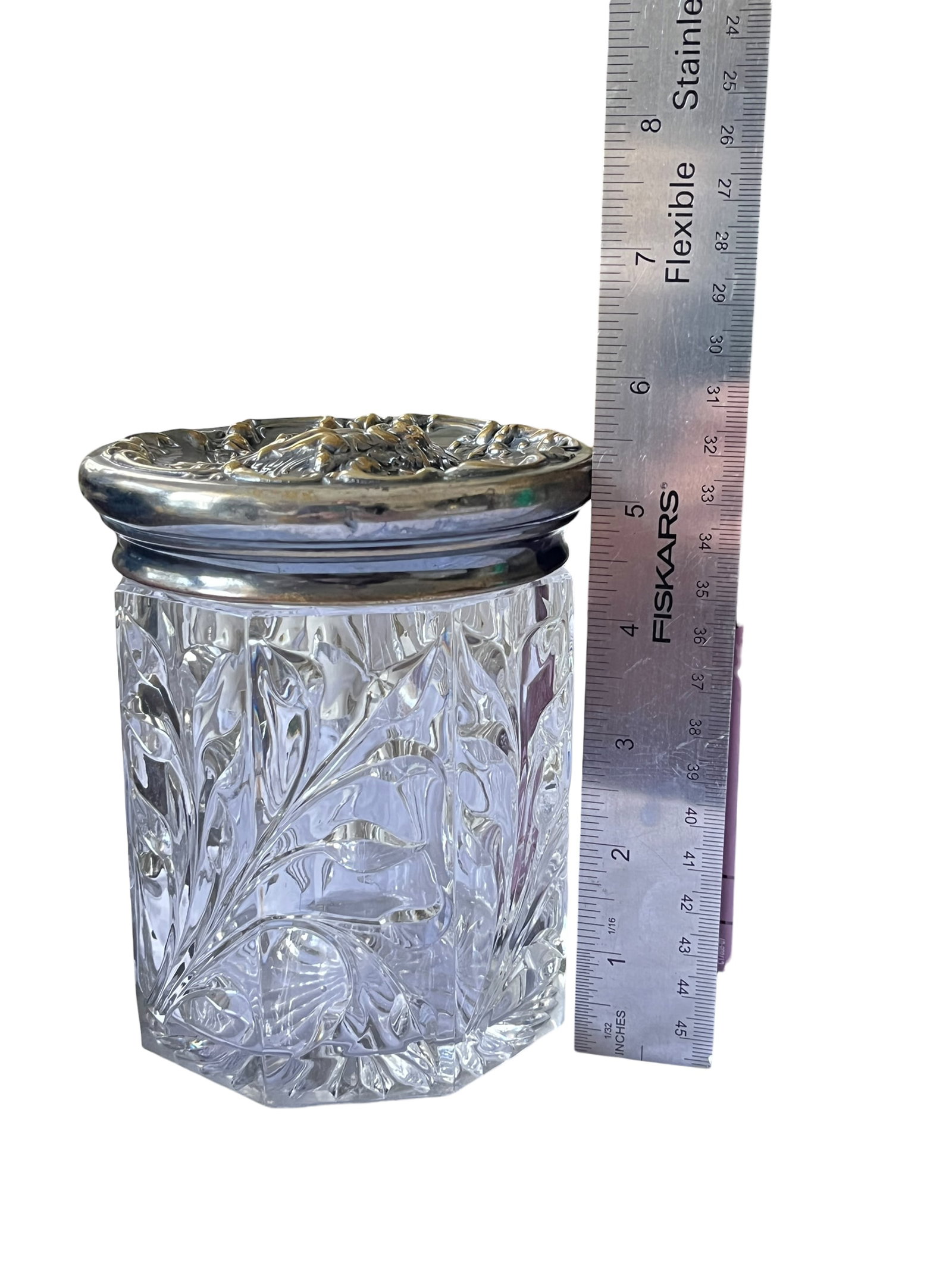 Vintage Glass Jar With Ornate Cherub Metal Lid - Vanity Barware Biscuit or Tobacco Jar - 9