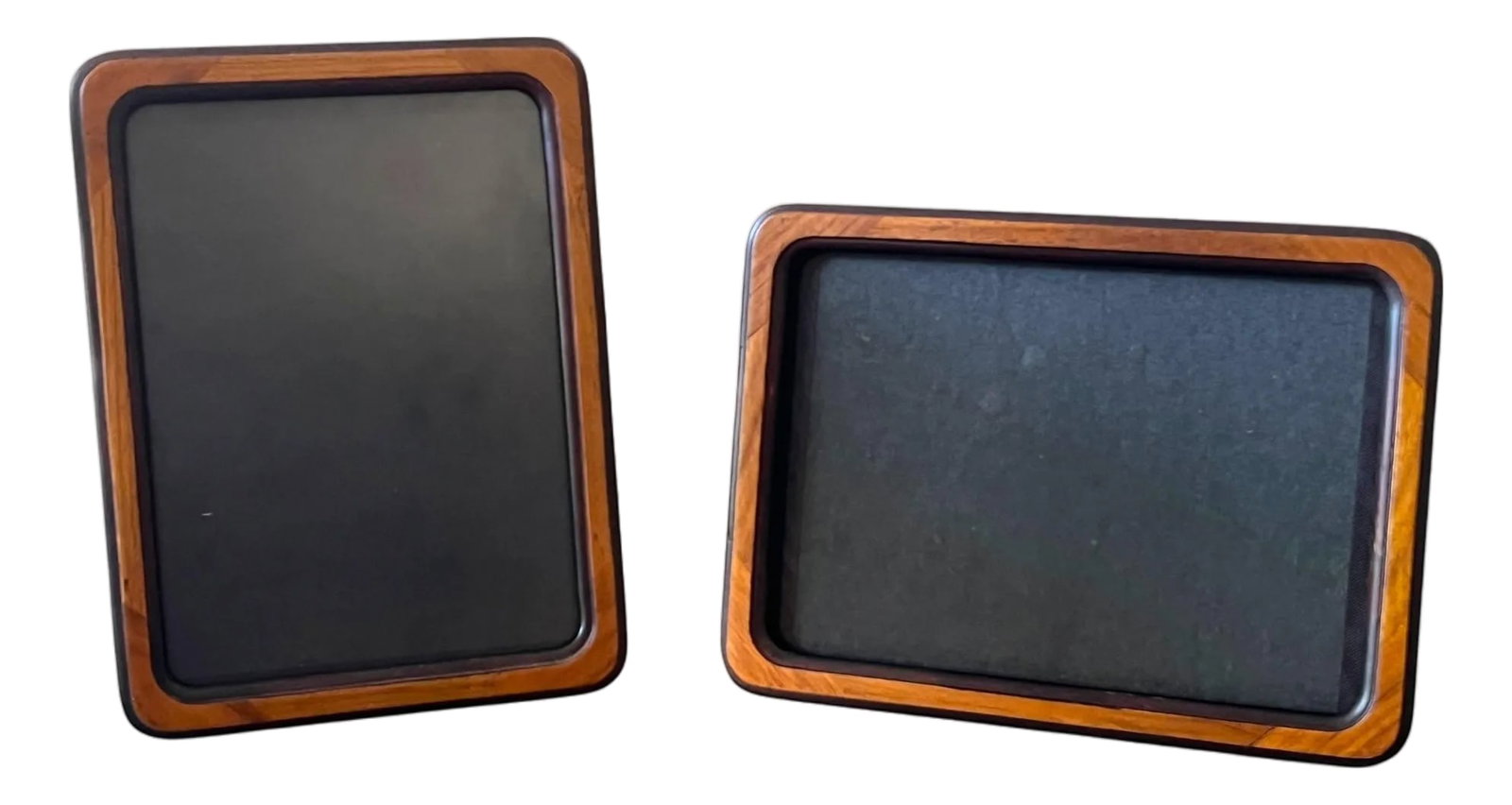 1970s Pair of Danish Modern Solid Wood Picture Frames for 5x7 Photos: A beautifully crafted pair of Danish Modern solid wood picture frames, designed with softly rounded corners and a sculptural, layered profile that highlights the warmth and grain of the wood. The clea