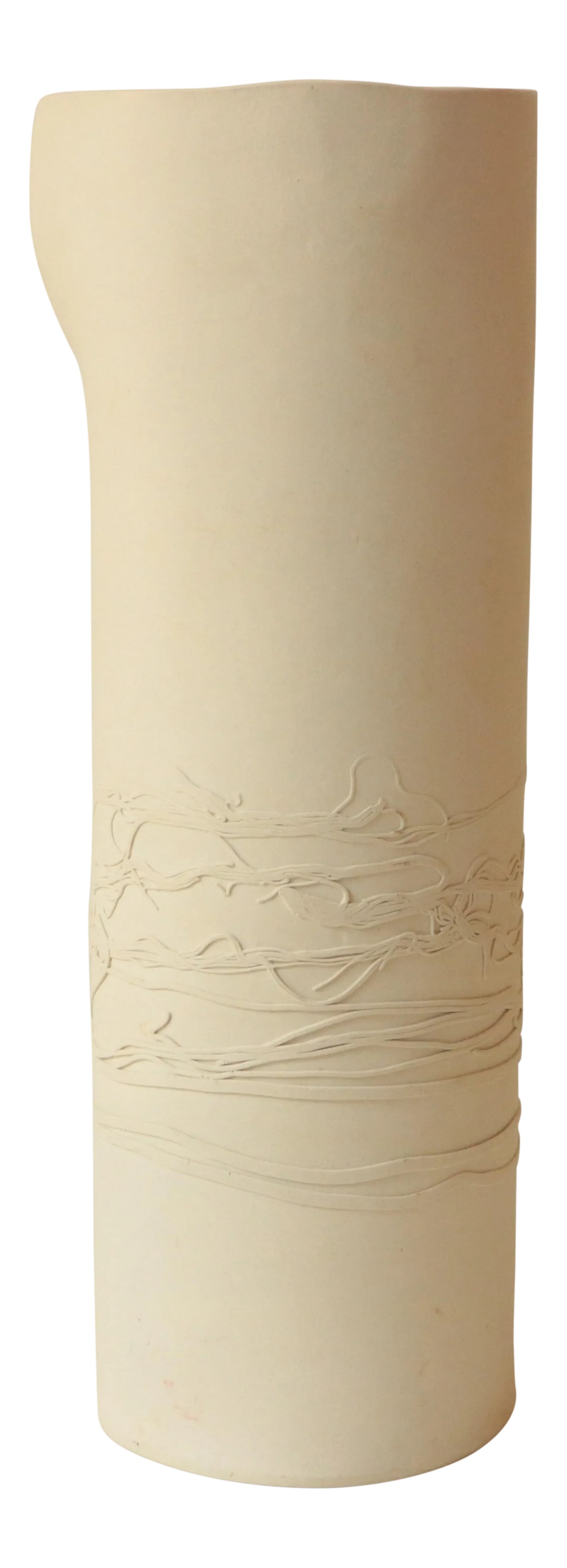 Romilla Batra White Bisque Porcelain Vase: Nicely sized cylindrical vase by California artist Romilla Batra. Its monochrome coloration and simple design is eye catching from every angle. The wraparound threaded decoration adds texture to its