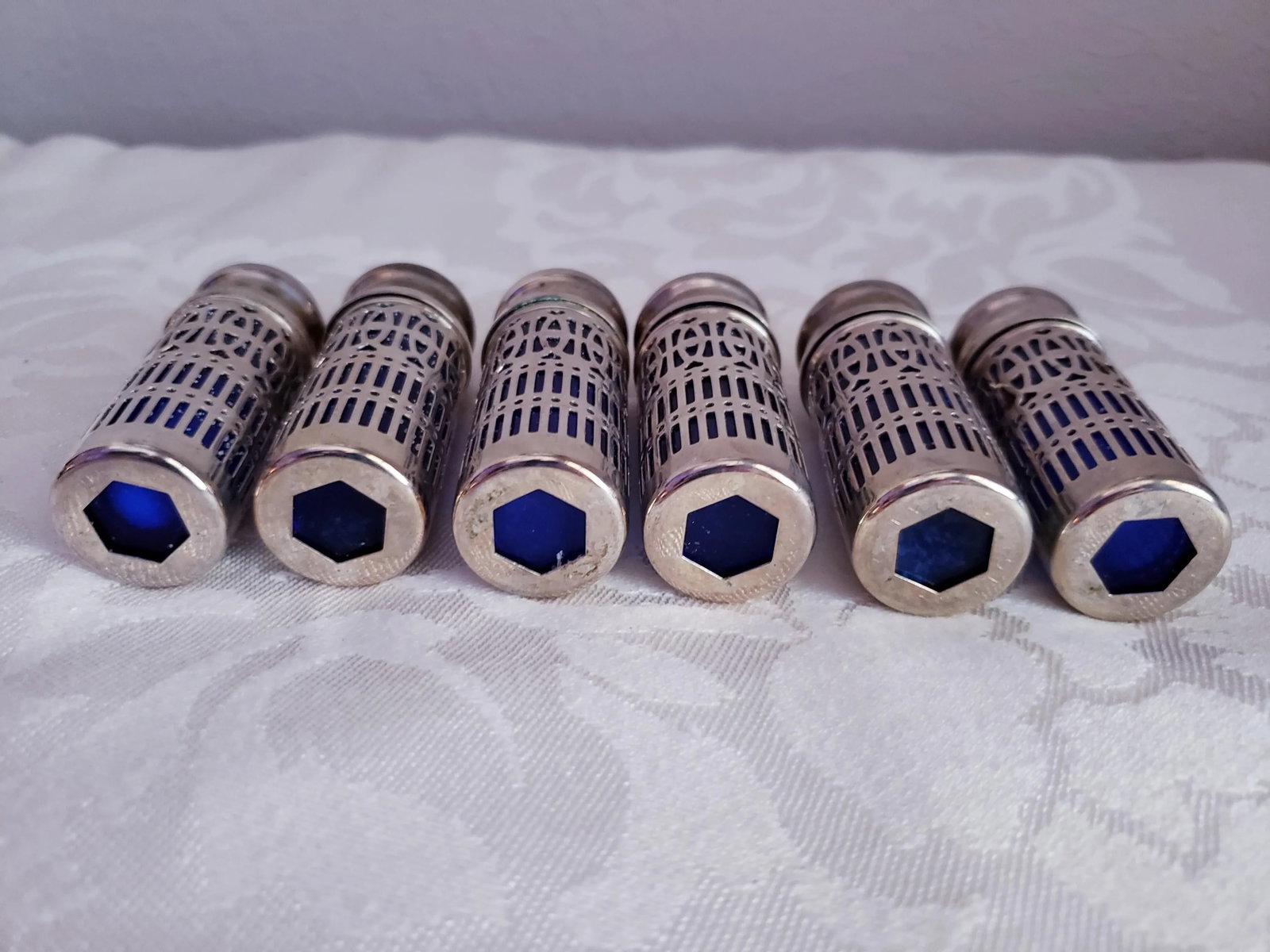 Vintage Silver & Cobalt Salt & Pepper Shakers- Set of 6 - 6