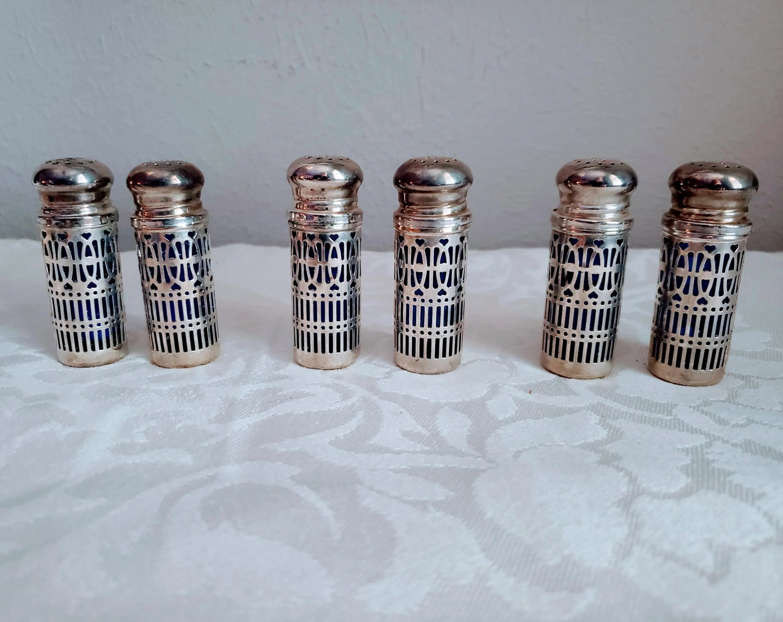 Vintage Silver & Cobalt Salt & Pepper Shakers- Set of 6 - 7