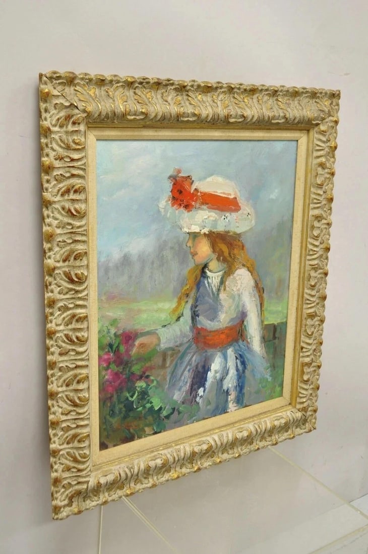 Mid 20th Century Zaza Meuli (B. 1892) Oil on Canvas Impressionist Painting Girl in Hat Orange Bow - 12