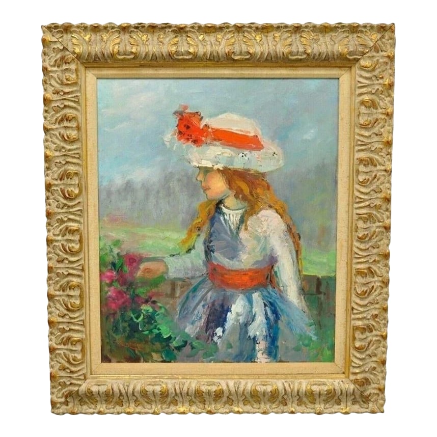 Mid 20th Century Zaza Meuli (B. 1892) Oil on Canvas Impressionist Painting Girl in Hat Orange Bow: Zaza Meuli (Born 1892) Oil on Canvas Framed Impressionist Painting "Girl in Hat with Orange Bow". Item features wonderful color and impressionist form, distressed gold giltwood frame, "Z. Meuli"