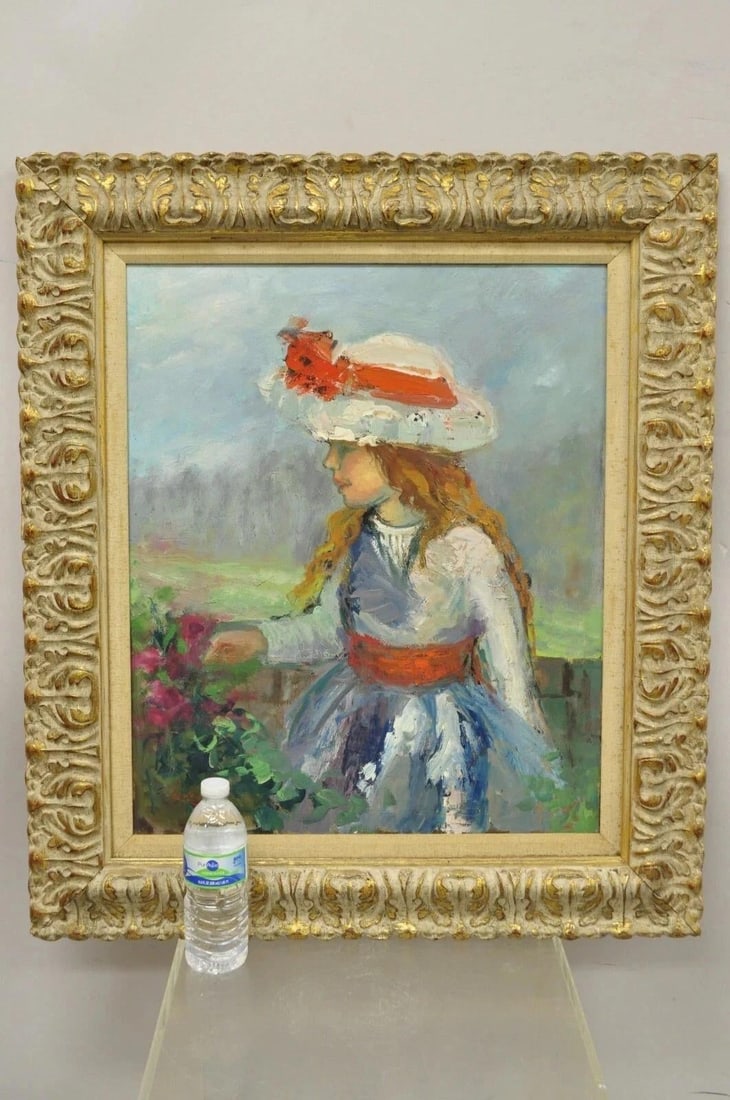 Mid 20th Century Zaza Meuli (B. 1892) Oil on Canvas Impressionist Painting Girl in Hat Orange Bow - 2