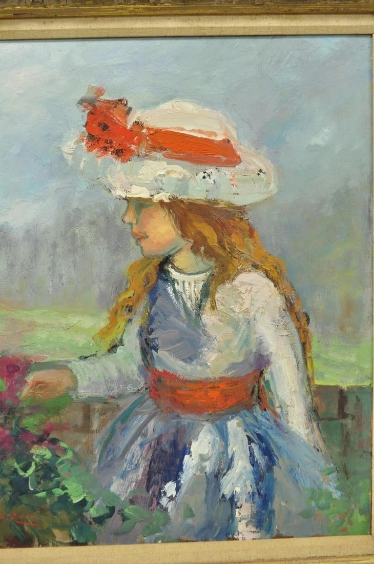 Mid 20th Century Zaza Meuli (B. 1892) Oil on Canvas Impressionist Painting Girl in Hat Orange Bow - 3