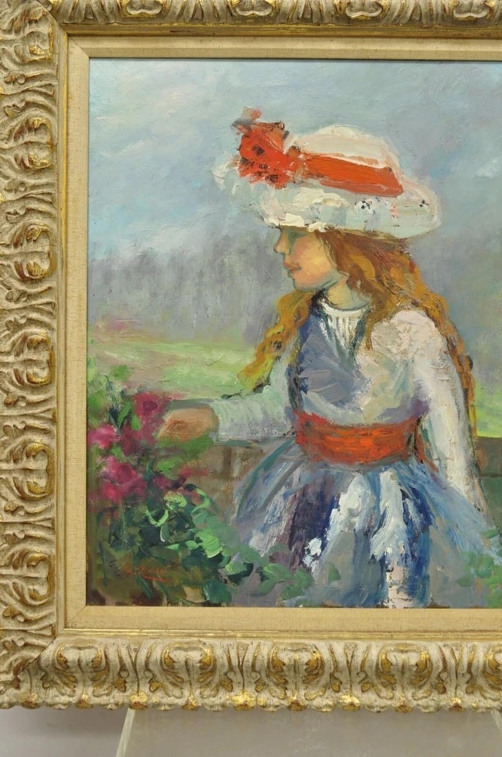 Mid 20th Century Zaza Meuli (B. 1892) Oil on Canvas Impressionist Painting Girl in Hat Orange Bow - 4