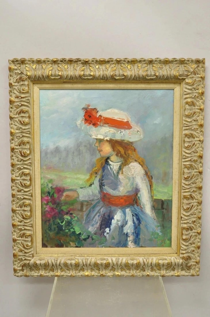 Mid 20th Century Zaza Meuli (B. 1892) Oil on Canvas Impressionist Painting Girl in Hat Orange Bow - 9