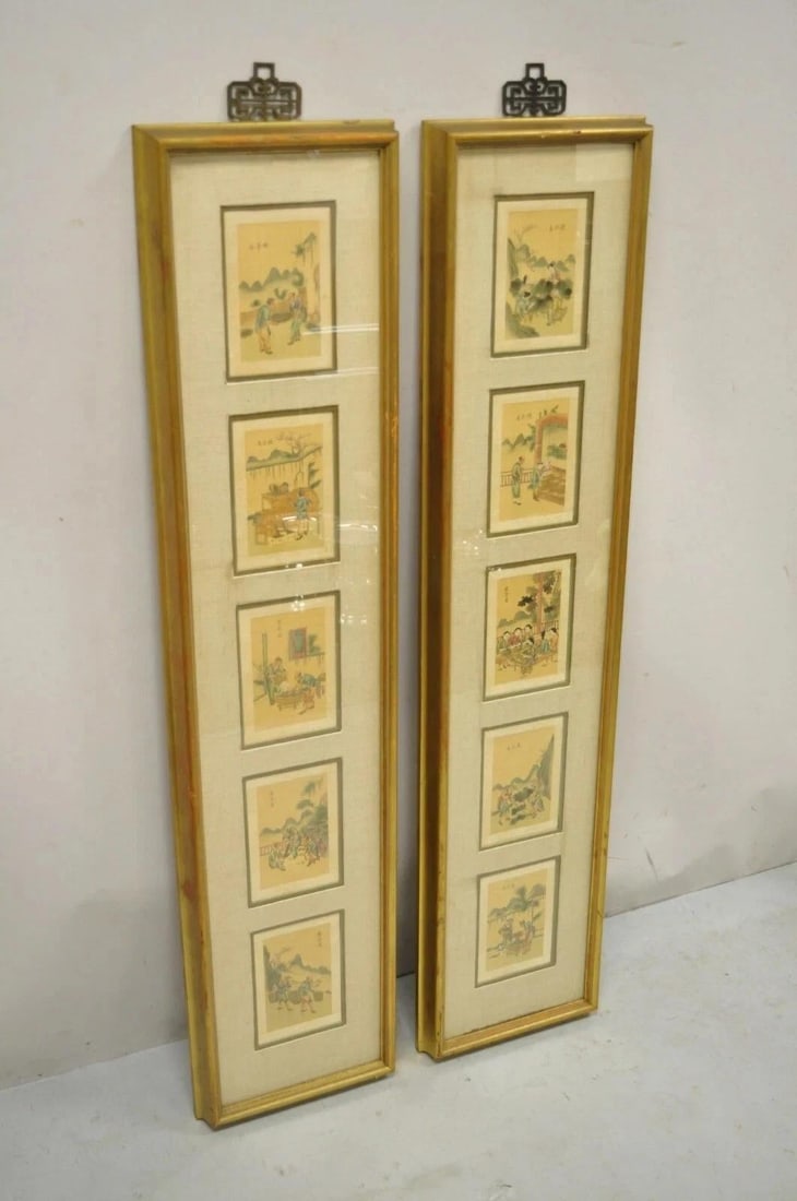 Vintage Asian Oriental Framed Art Prints With Narrow Gold Frames - A Pair - 2