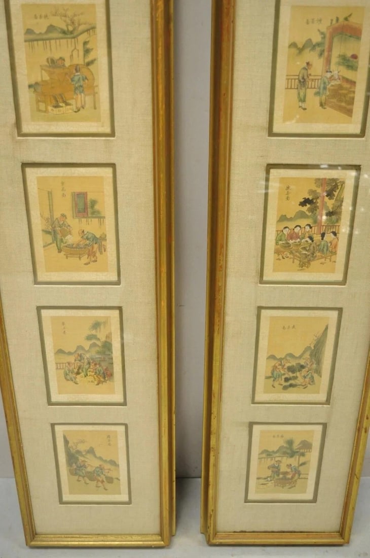 Vintage Asian Oriental Framed Art Prints With Narrow Gold Frames - A Pair - 3