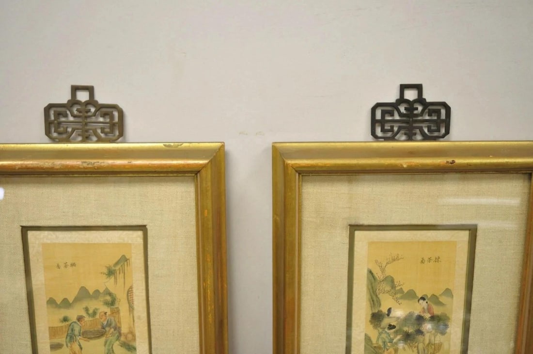 Vintage Asian Oriental Framed Art Prints With Narrow Gold Frames - A Pair - 4