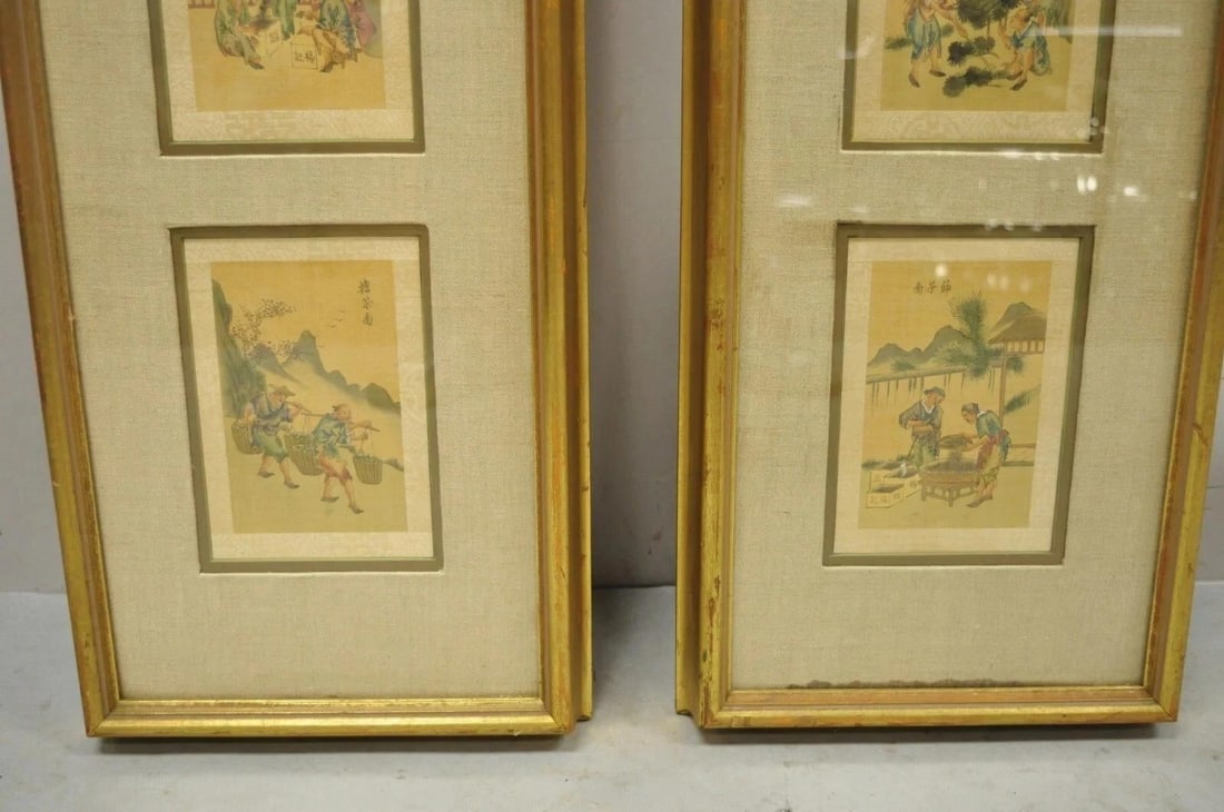 Vintage Asian Oriental Framed Art Prints With Narrow Gold Frames - A Pair - 5