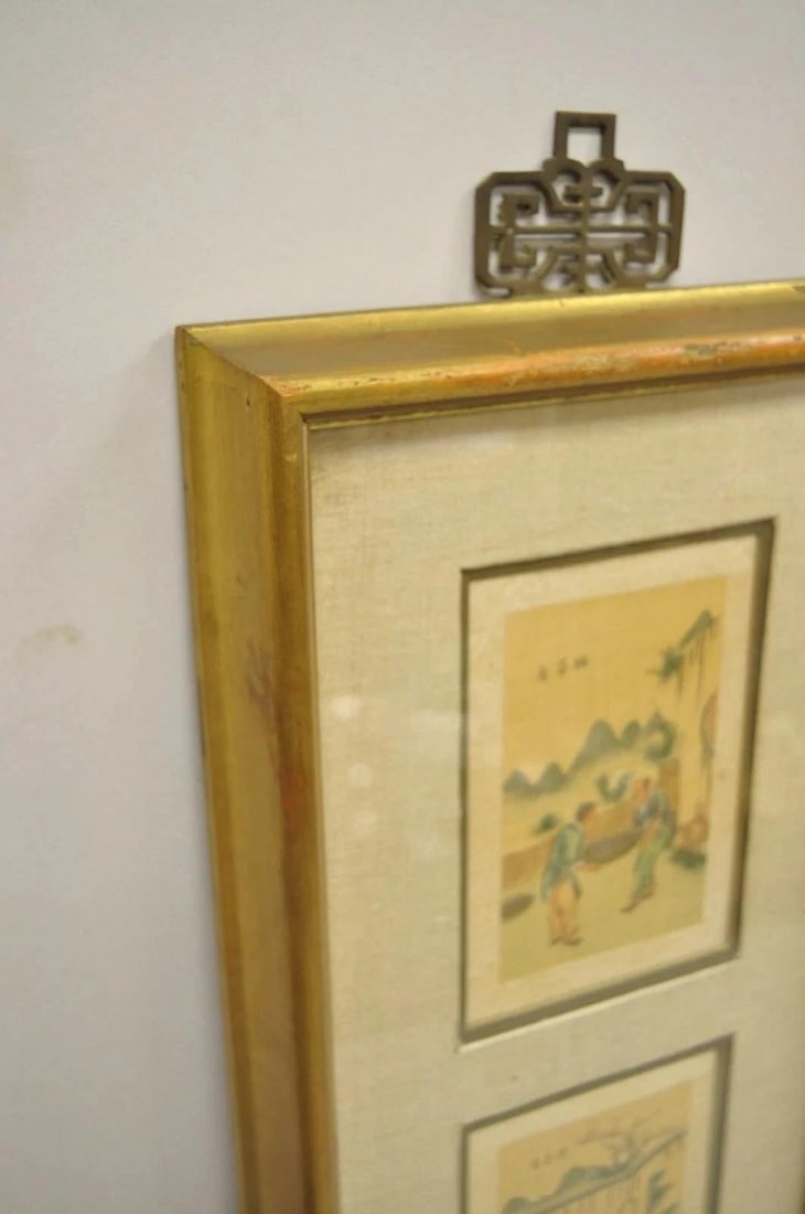 Vintage Asian Oriental Framed Art Prints With Narrow Gold Frames - A Pair - 8