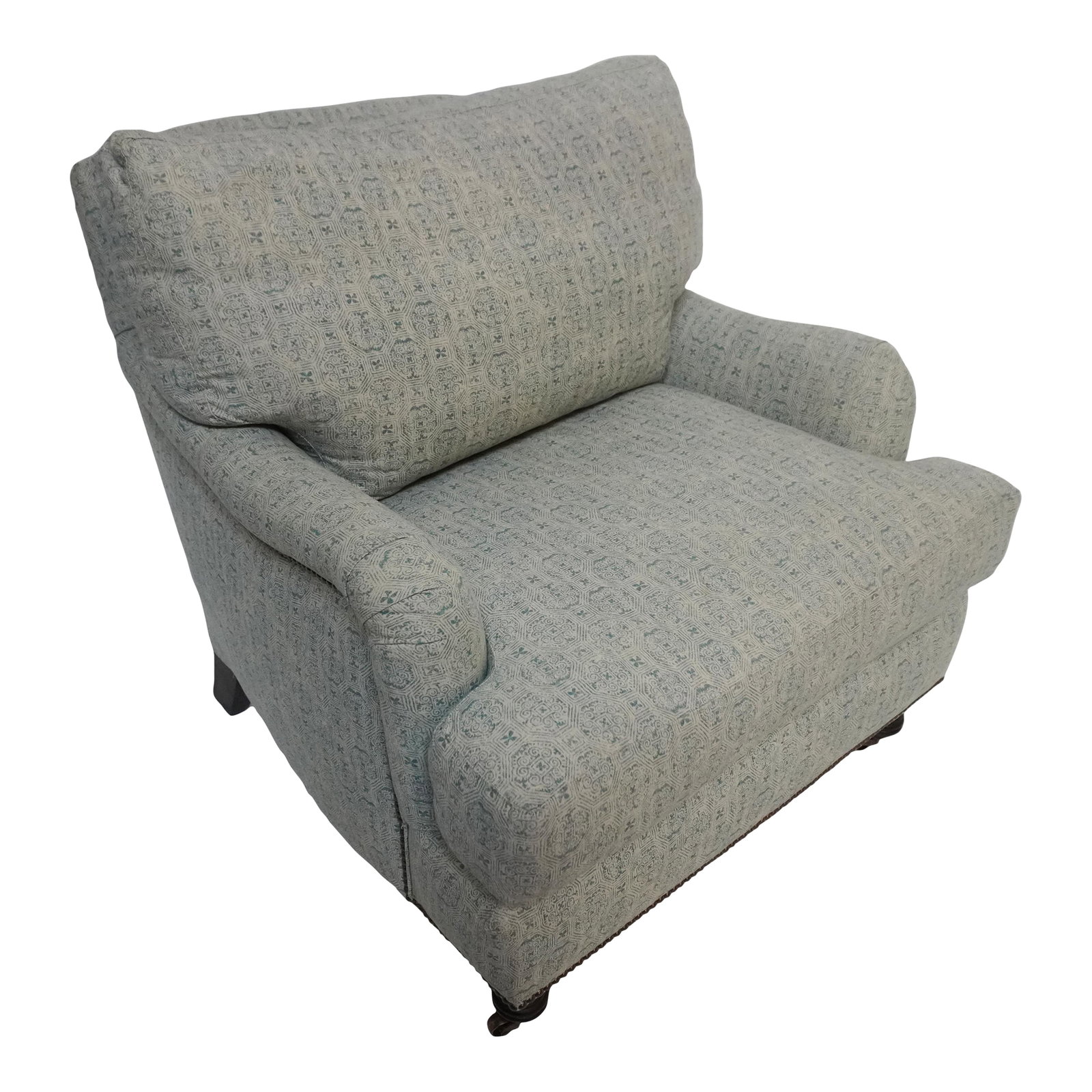 Upholstered Armchair in the Lola Sky Blue by Cisco Home: Upholstered Armchair in Lola Sky Blue by Cisco. The chair is beautifully upholstered. The Cisco print is classic yet funky. The chair includes nailhead trim on the sides of the chair beneath the arms 