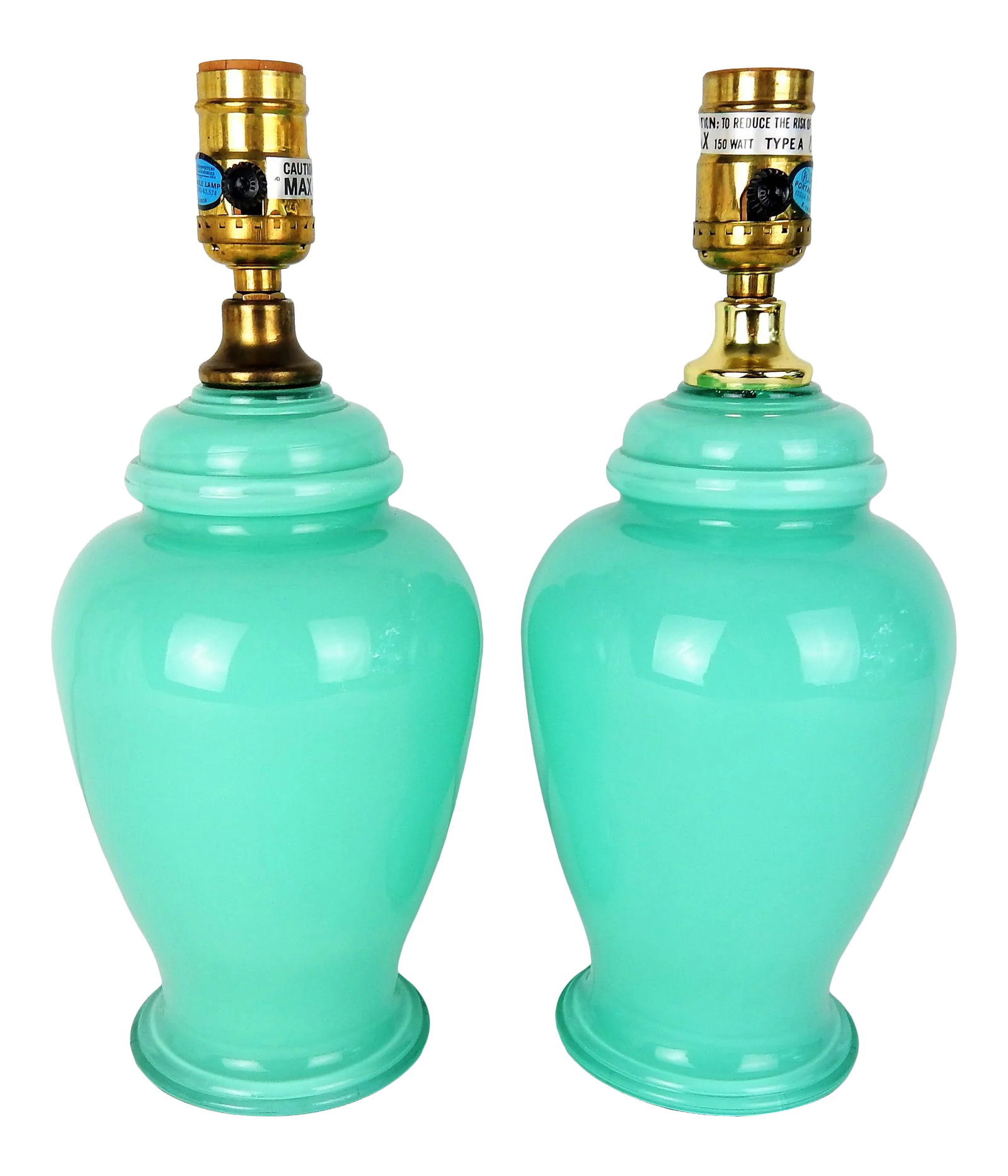 Aqua Blue Glass Boudoir Lamps, Pair: Pair of stunning Aqua Blue opaque glass Boudoir lamps. Original wiring in working order with turn switch socket. Will require shades with bulb clip (not equipped for harps). One color blemish on base