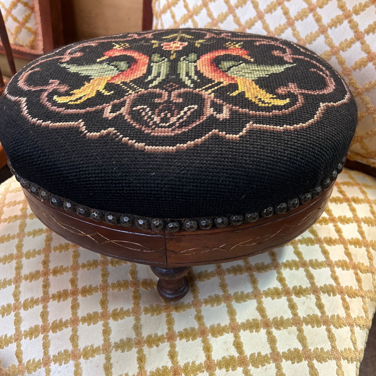 French Needlepoint 19th Century Footstool Rare Phoenix Bird Motif - 2
