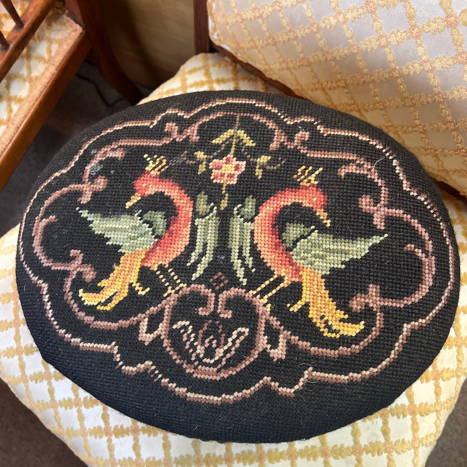 French Needlepoint 19th Century Footstool Rare Phoenix Bird Motif - 3
