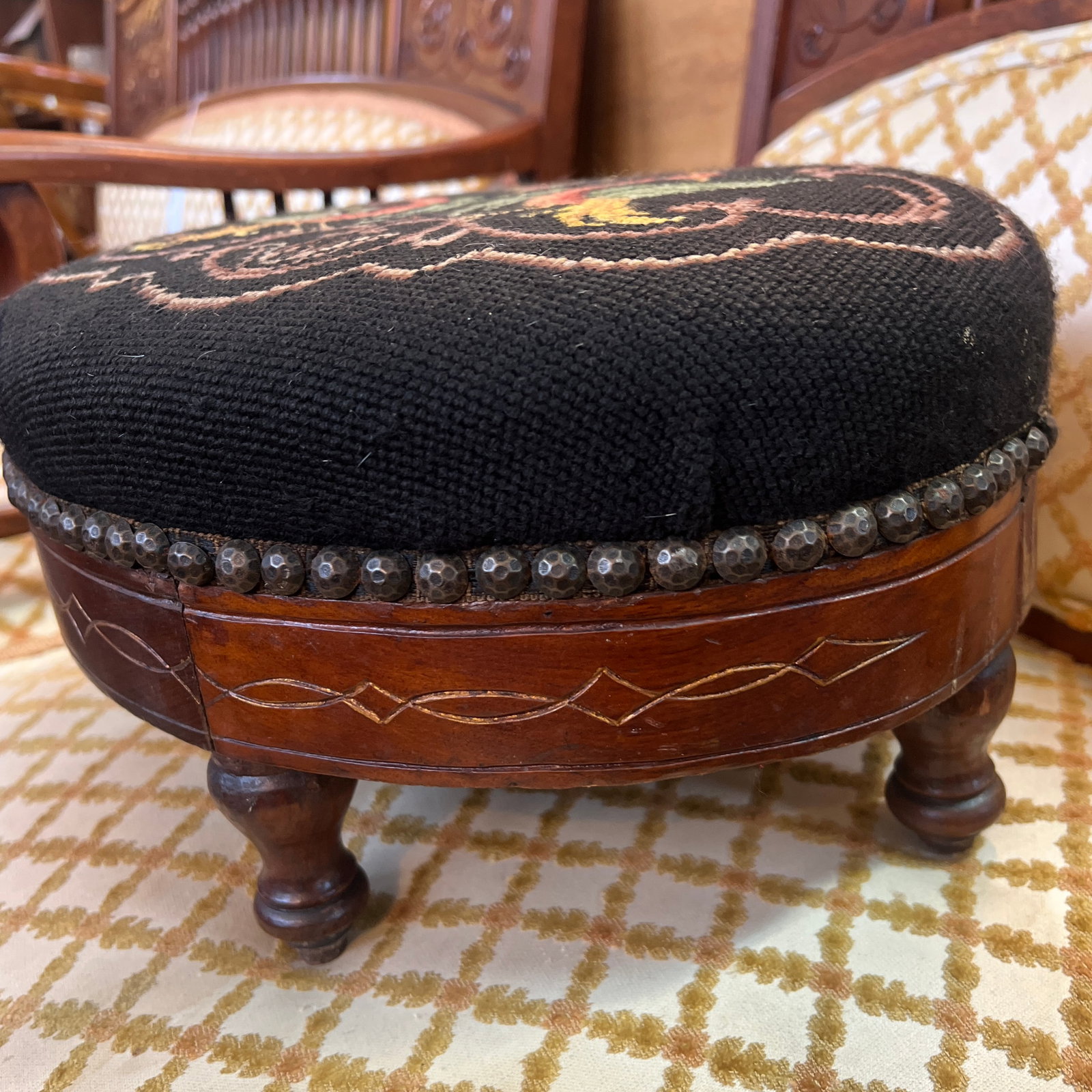 French Needlepoint 19th Century Footstool Rare Phoenix Bird Motif - 4