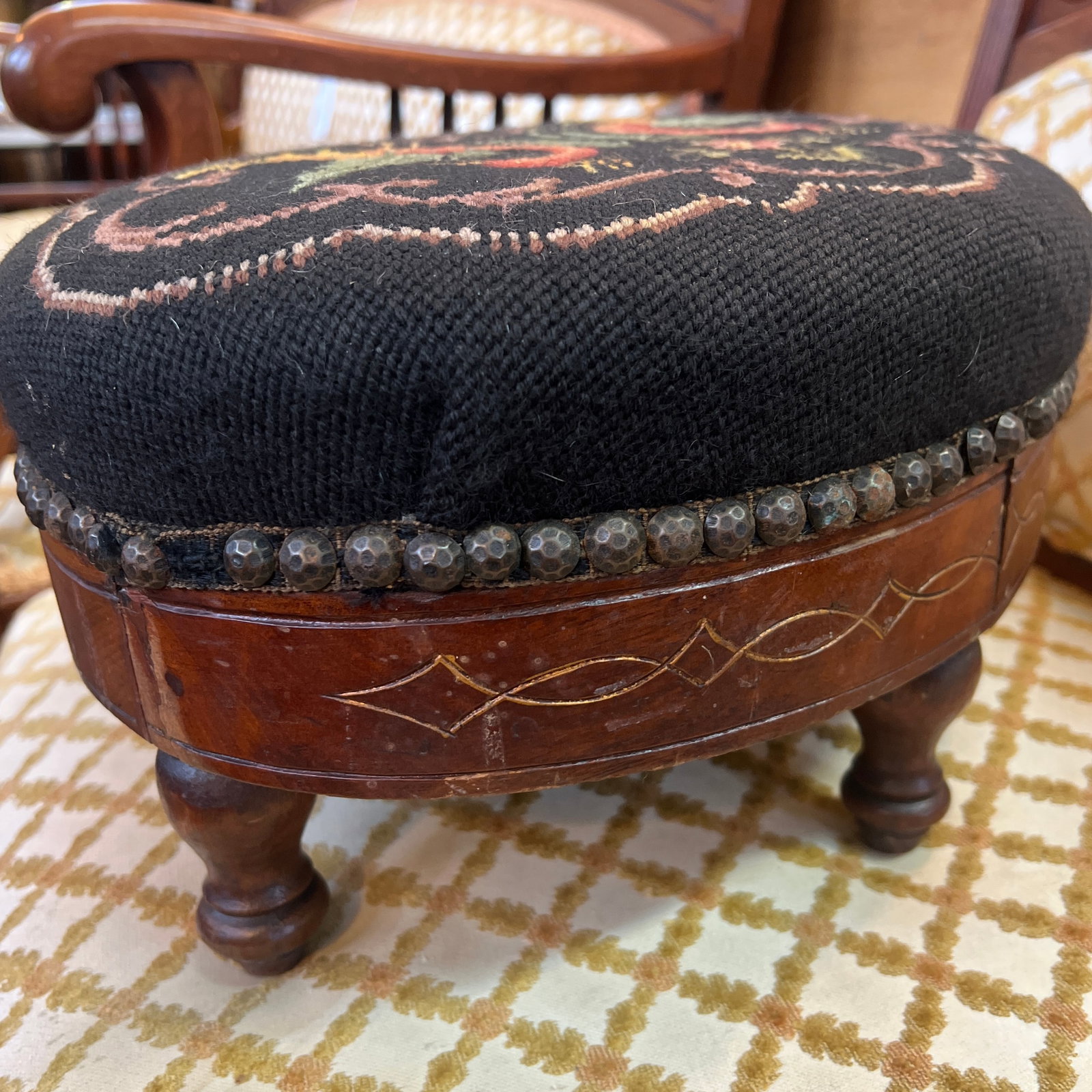 French Needlepoint 19th Century Footstool Rare Phoenix Bird Motif - 6