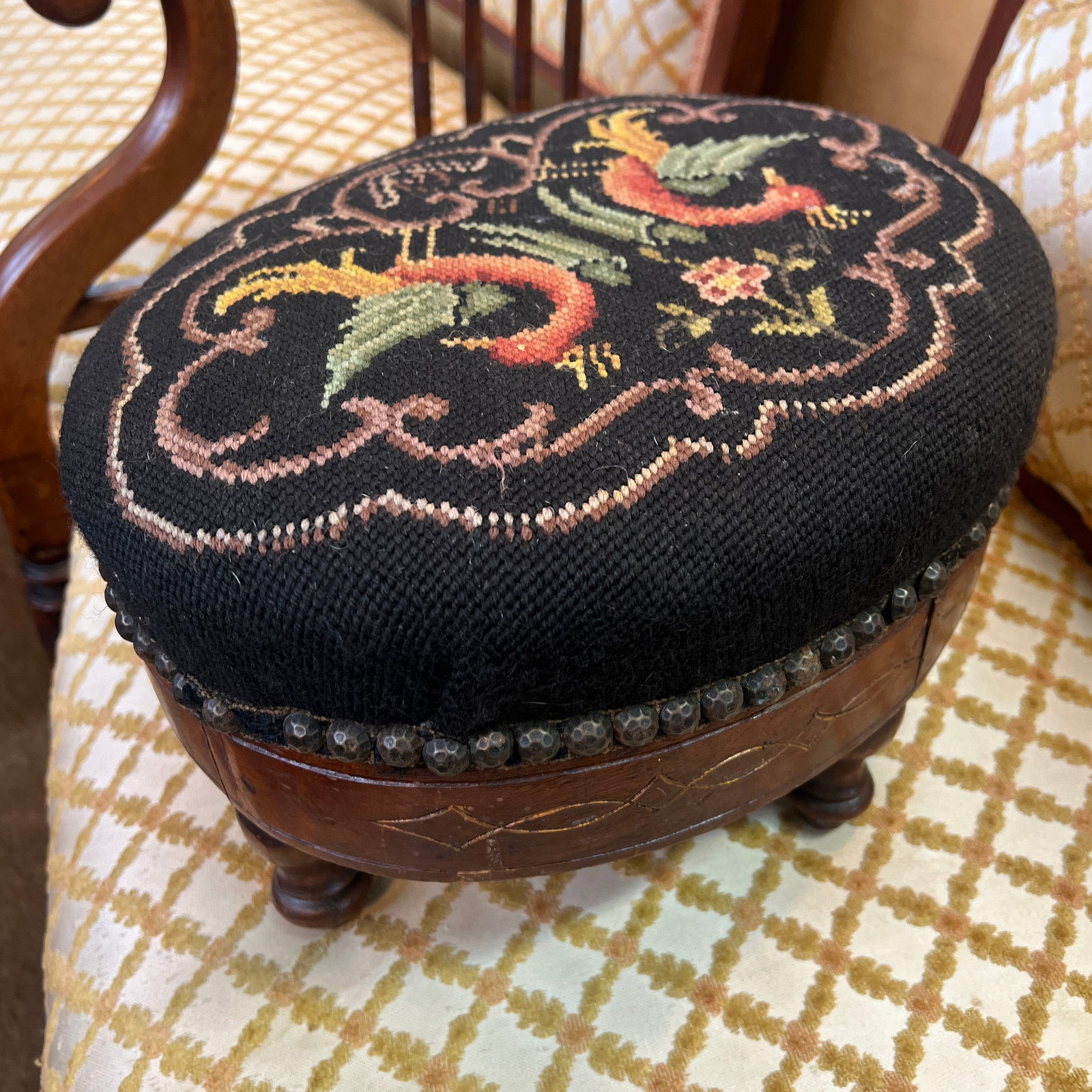 French Needlepoint 19th Century Footstool Rare Phoenix Bird Motif - 7