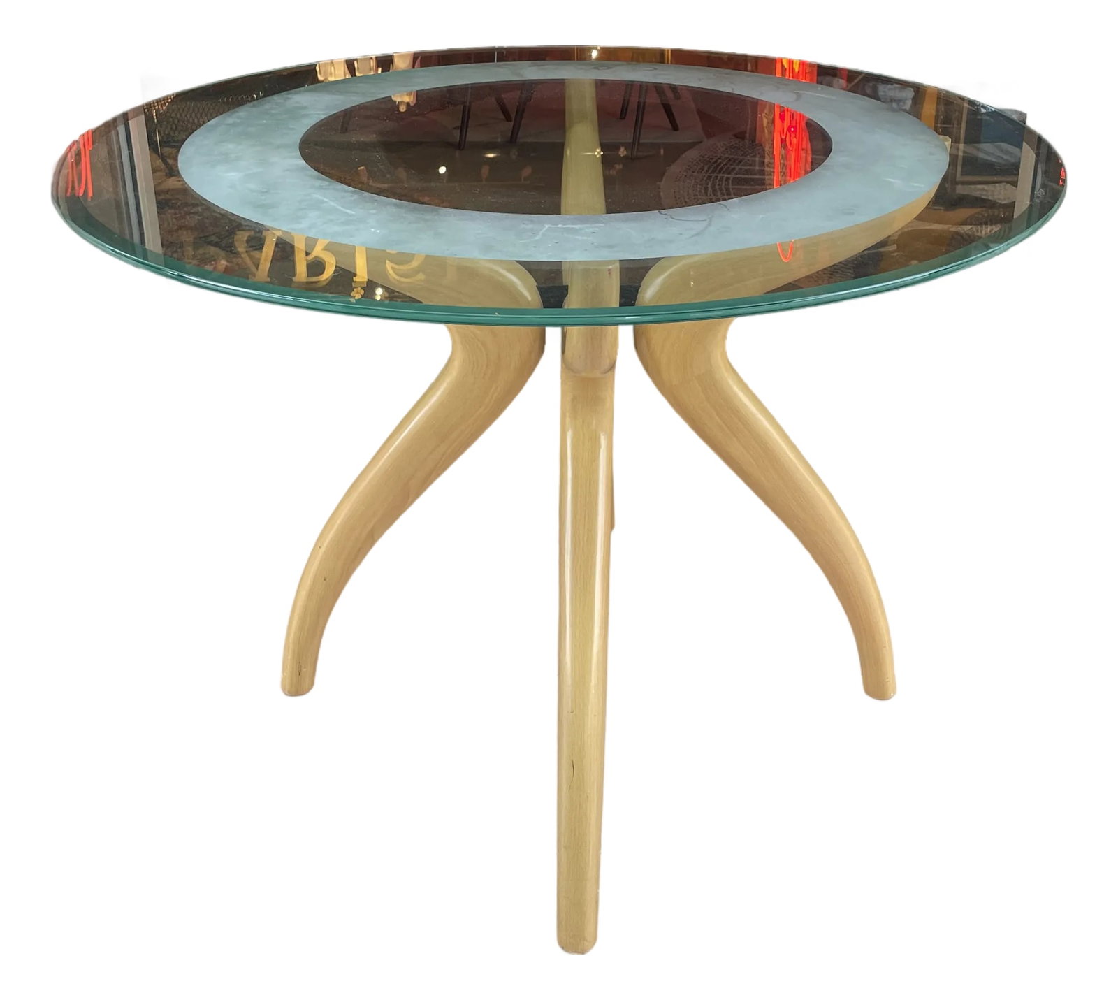 Round Italian Dining Table Circa 1980s: This is a versatile round Italian dining table from the 1980s. The beveled glass top has a frosted band in the interior which adds a very special accent to this table. Condition: Alterations: