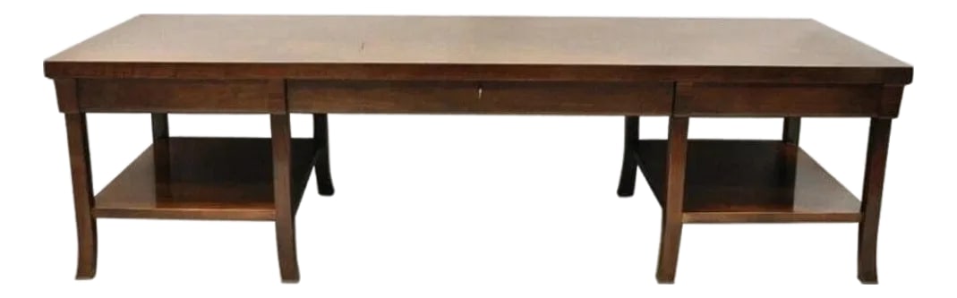 Late 20th Century Bill Sofield for Baker 66" Long Modern One Drawer Mahogany Coffee Table: Bill Sofield for Baker 66" Long Modern One Drawer Mahogany Coffee Table. Item features single center drawer with working lock and key, slightly angled legs, beautiful wood grain, original label and bo