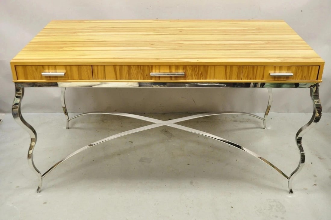 Century Furniture Modern Chrome and Zebra Wood Metal Base Desk Table 849-761 - 2