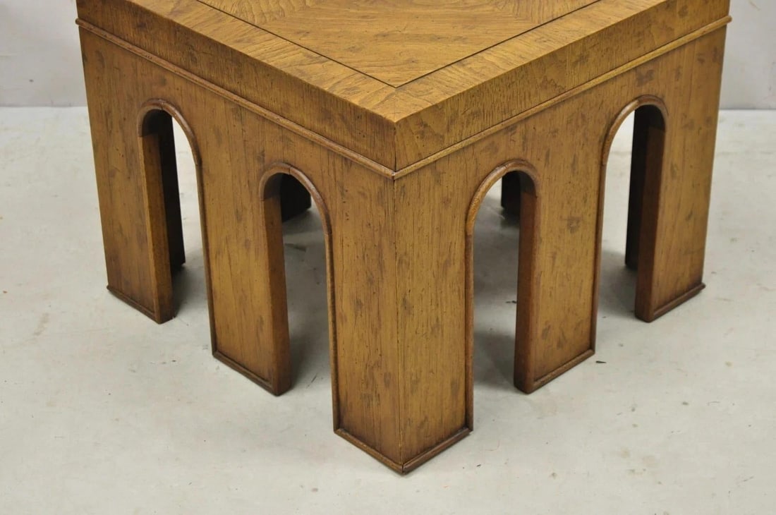 Vintage Drexel Wellington Arched Hollywood Regency Burl Wood Pedestal Side Table - 11