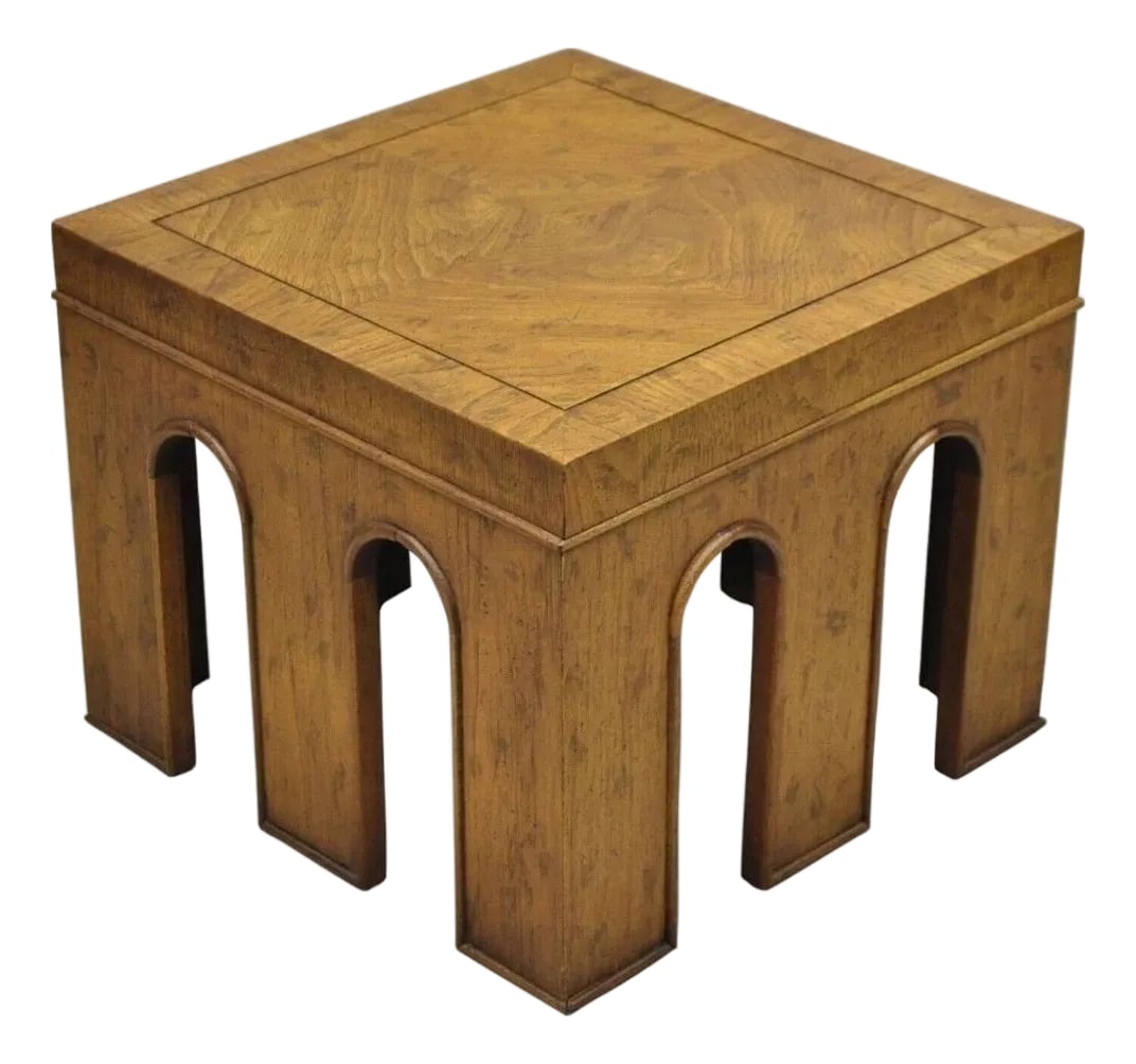 Vintage Drexel Wellington Arched Hollywood Regency Burl Wood Pedestal Side Table (1 of 11)