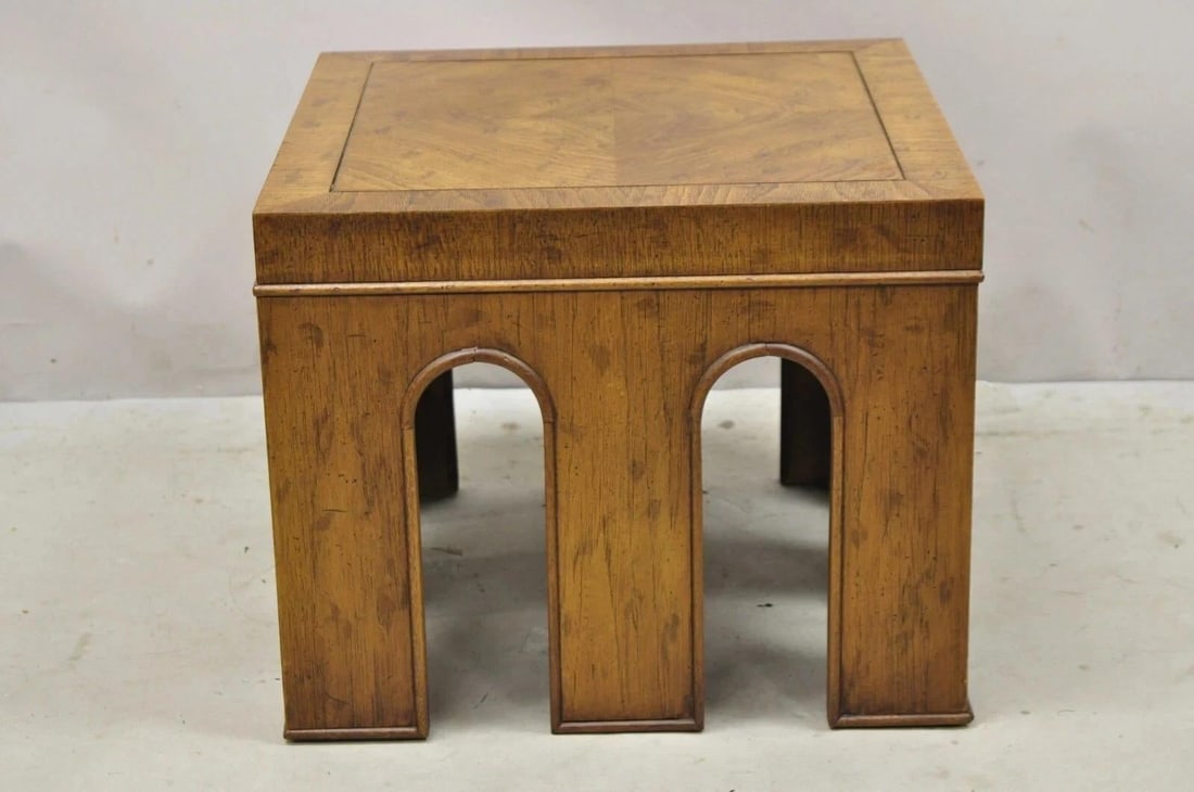 Vintage Drexel Wellington Arched Hollywood Regency Burl Wood Pedestal Side Table - 2