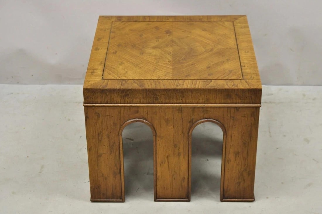 Vintage Drexel Wellington Arched Hollywood Regency Burl Wood Pedestal Side Table - 3