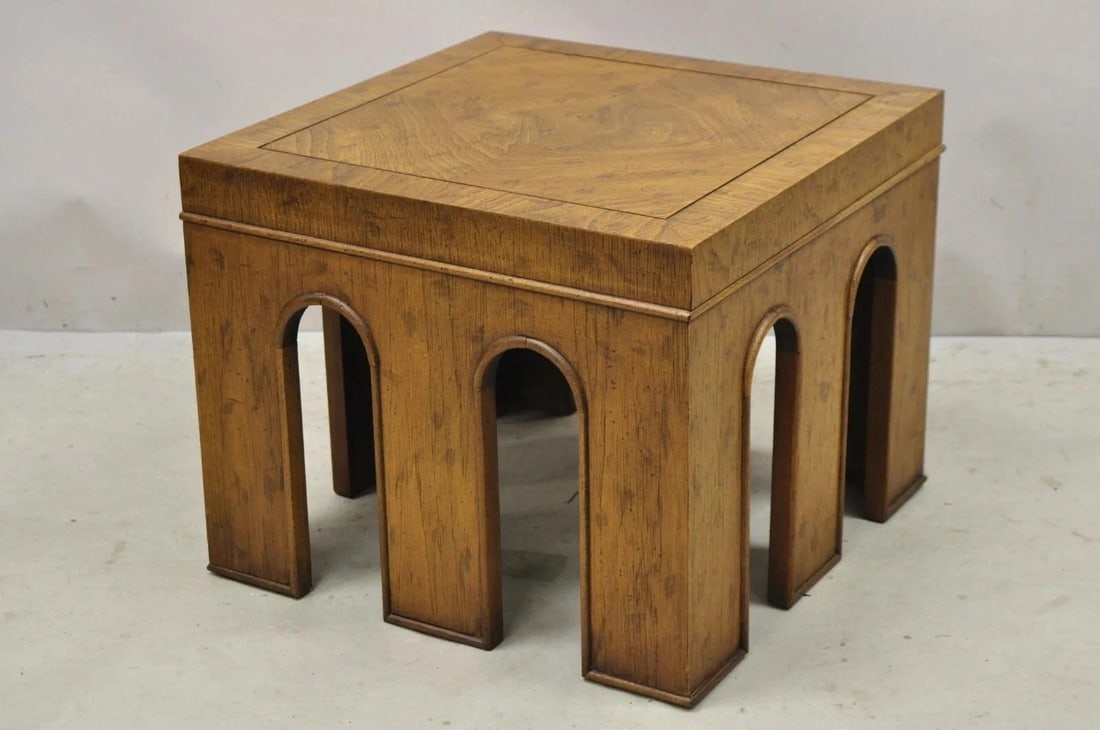 Vintage Drexel Wellington Arched Hollywood Regency Burl Wood Pedestal Side Table - 7