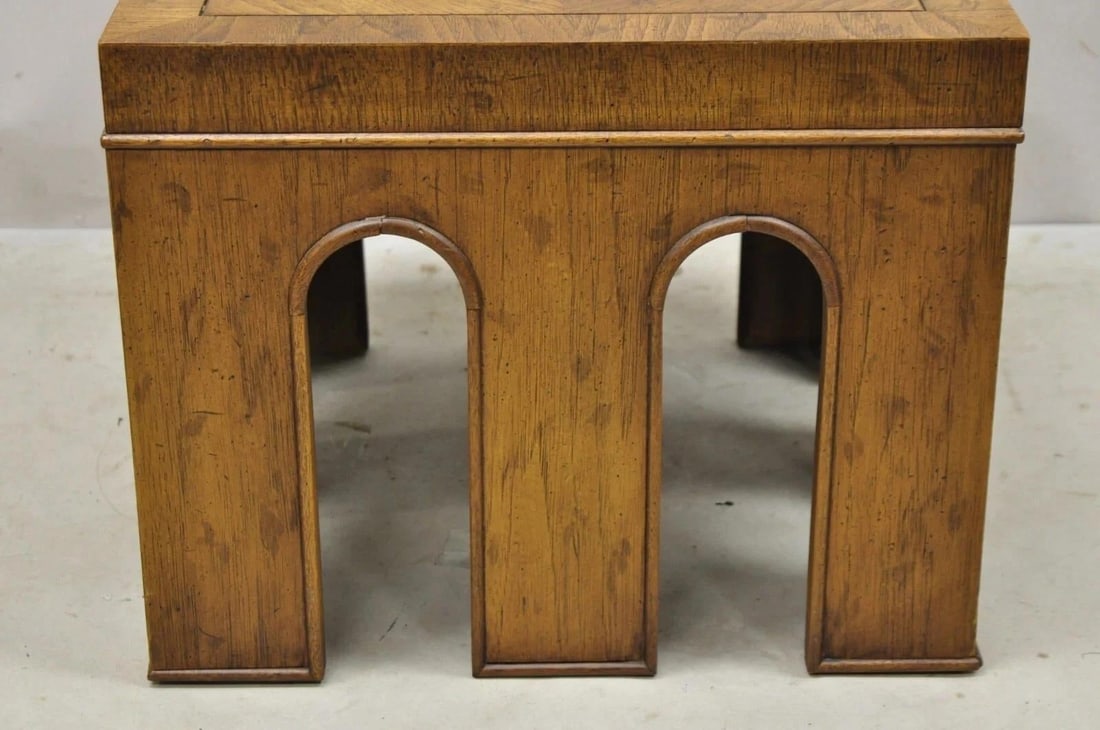 Vintage Drexel Wellington Arched Hollywood Regency Burl Wood Pedestal Side Table - 9