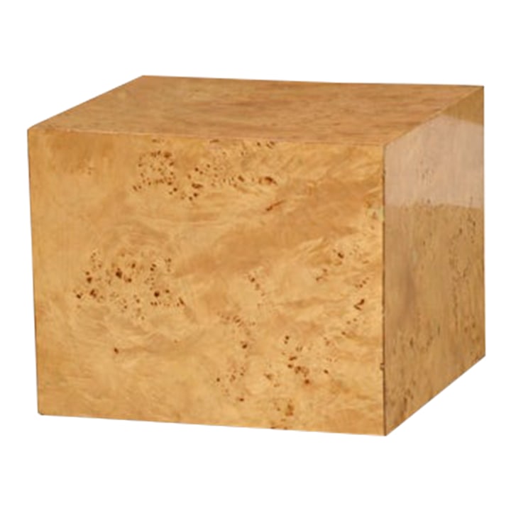 1960s Burl Cube End Table by Milo Baughman: A mid century modern burl cube square side table end table by Milo Baughman for Thayer Coggin. Made in USA. Circa 1960's. Original finish in good condition with minor imperfections show and showing a 