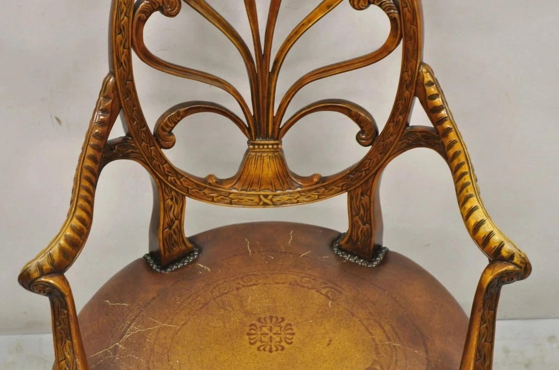Late 20th Century Theodore Alexander Neoclassical Regency Style Carved Mahogany Leather Arm Chair - 12