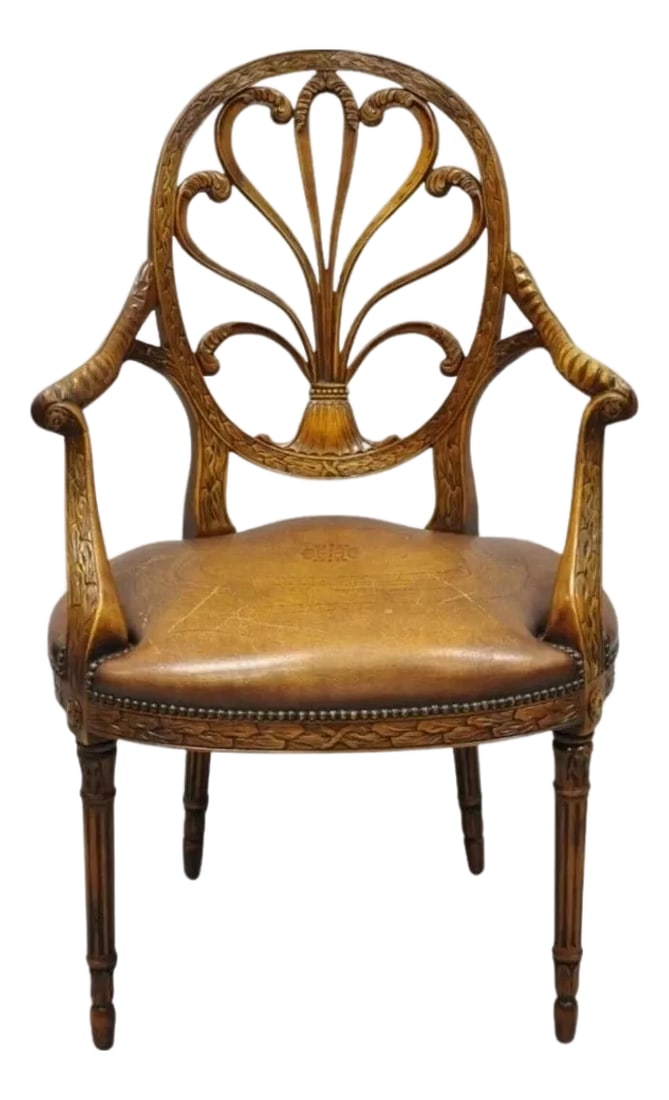 Late 20th Century Theodore Alexander Neoclassical Regency Style Carved Mahogany Leather Arm Chair: Theodore Alexander Neoclassical Regency Style Carved Mahogany Leather Arm Chair. Item features tooled leather seat, solid wood frame, beautiful wood grain nicely carved details, quality craftsmanship,