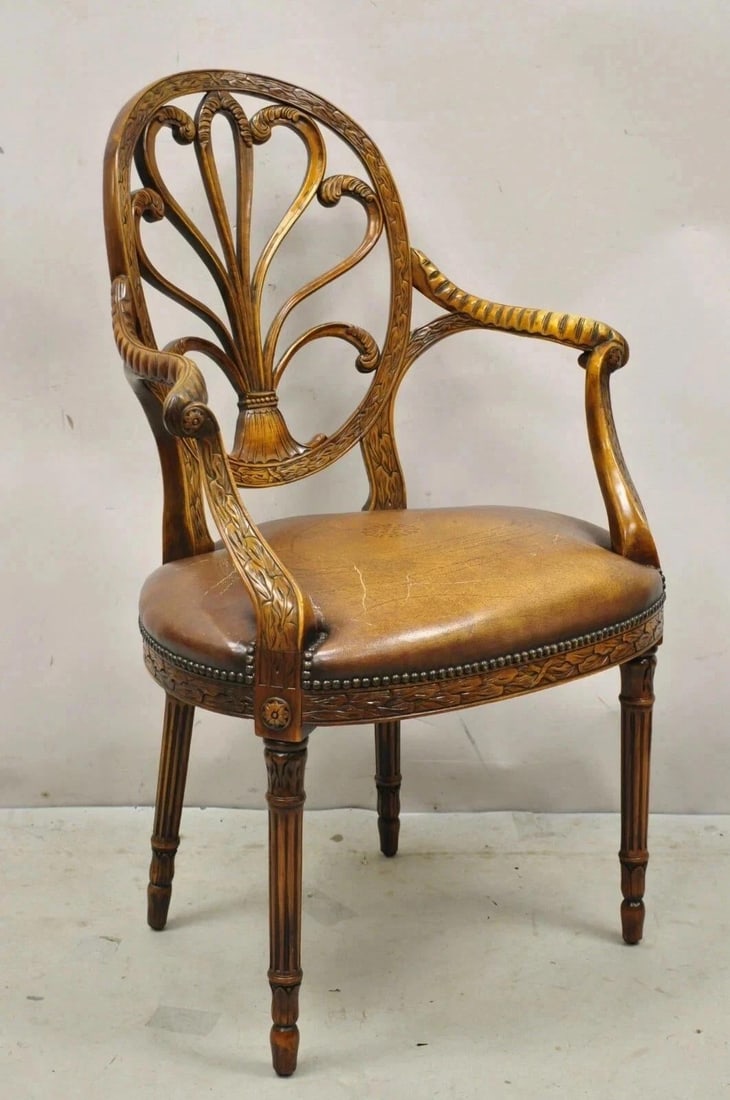 Late 20th Century Theodore Alexander Neoclassical Regency Style Carved Mahogany Leather Arm Chair - 2