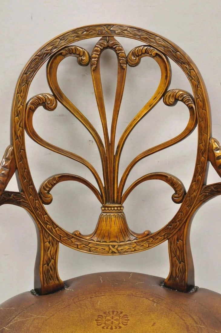 Late 20th Century Theodore Alexander Neoclassical Regency Style Carved Mahogany Leather Arm Chair - 3